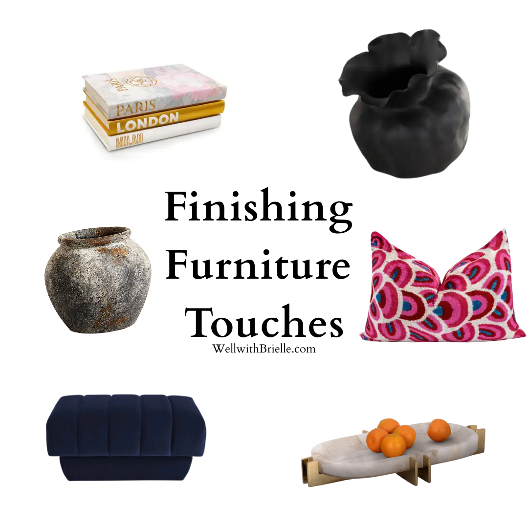 Finishing furniture touches including sculptural vases pillows benches and decorative coffee table accents.