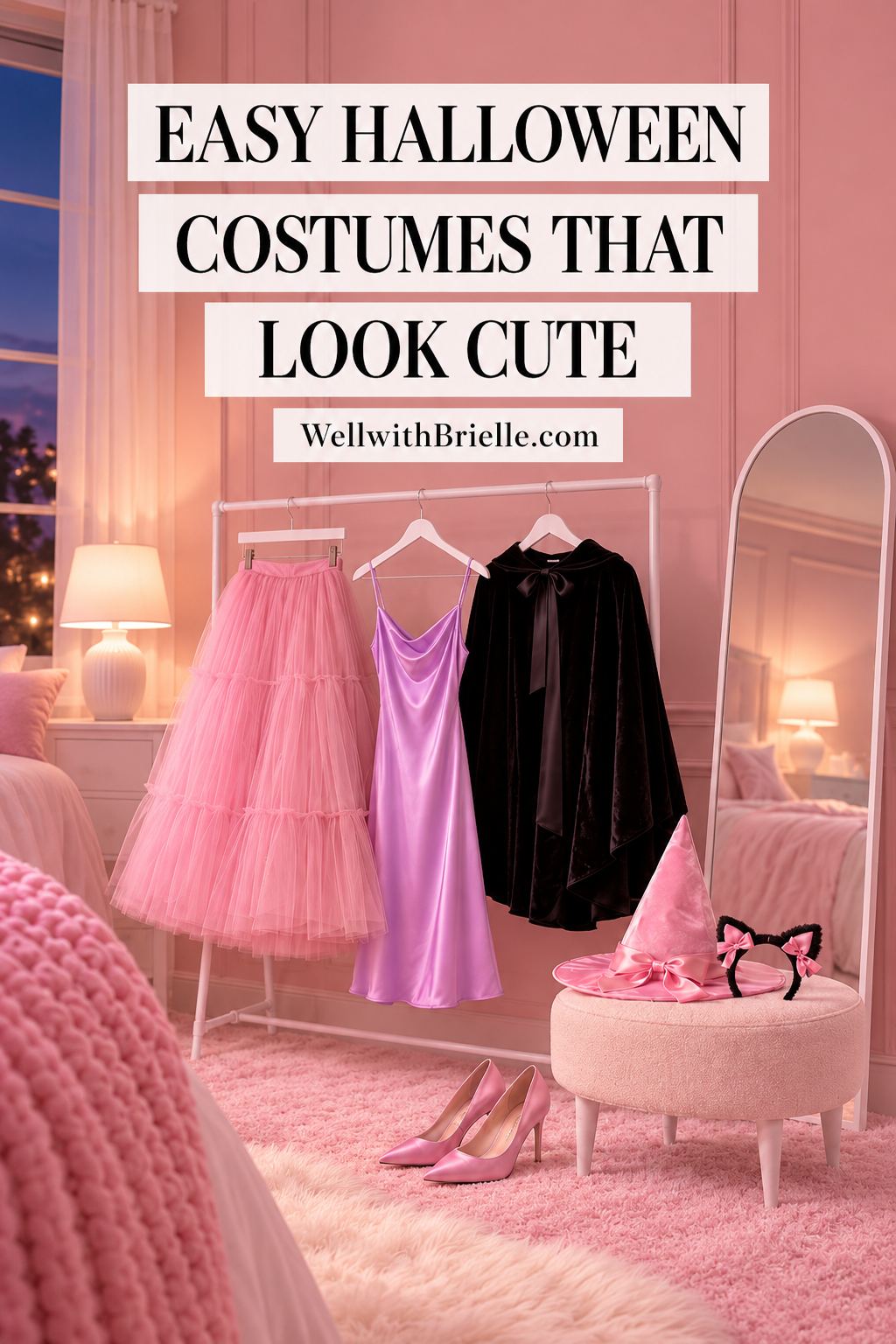 Easy Halloween Costumes That Look Cute Pinterest pin with a clothing rail, pink witch hat and cat ears in a blush bedroom