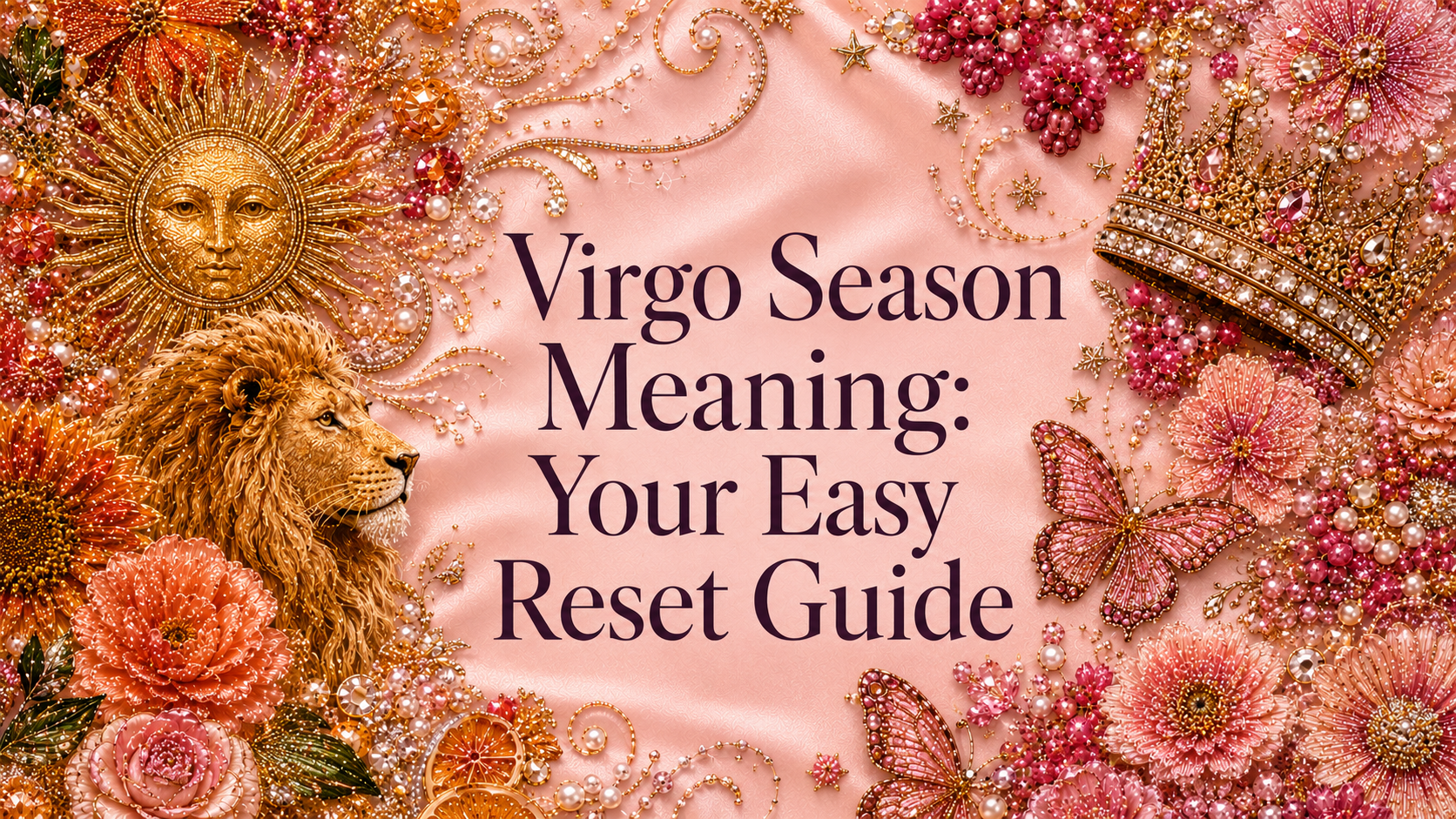 Virgo Season Meaning: Your Easy Reset Guide banner with a jeweled golden sun and lion, pink florals, butterflies, crown and celestial details on blush satin.