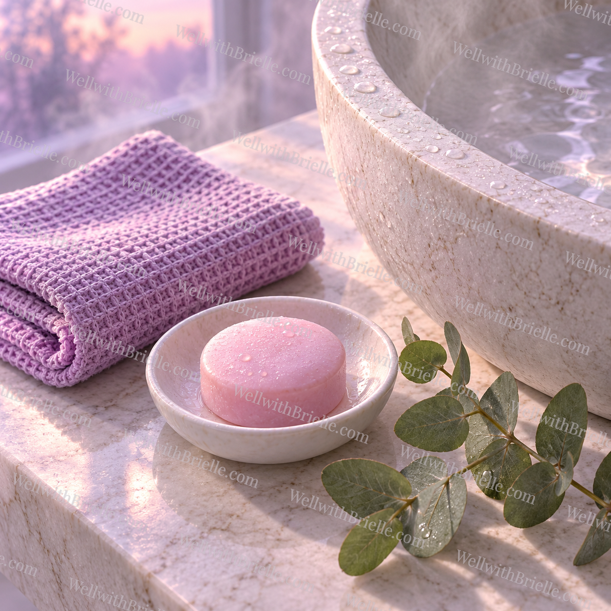 Lilac towel and pink soap by a stone bath