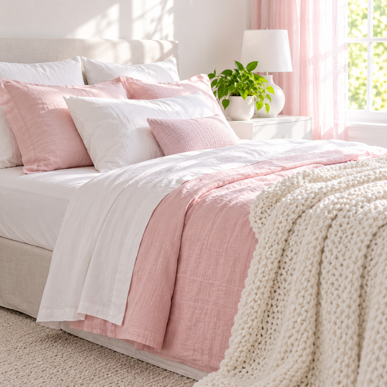 Bed made with white and soft pink cotton linen sheets and a chunky white knit throw in morning light