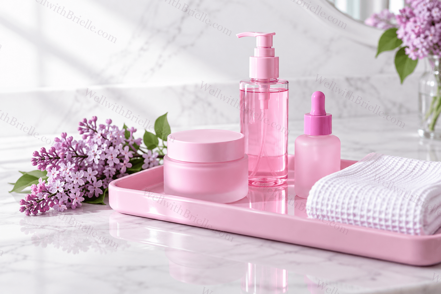 Pink skincare bottles on a marble counter