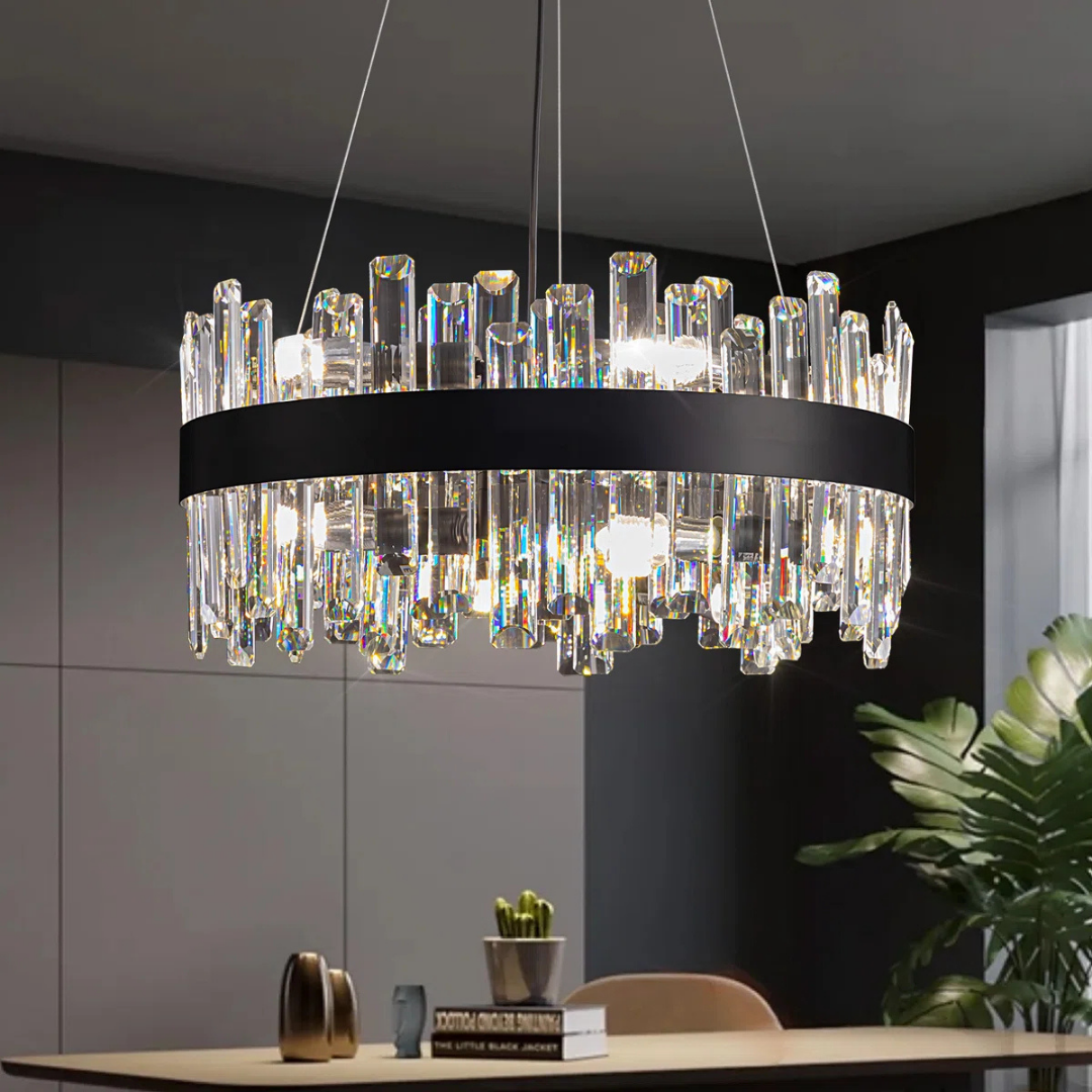 Crystal modern chandelier with black band used as elegant statement lighting in a soft luxe home.