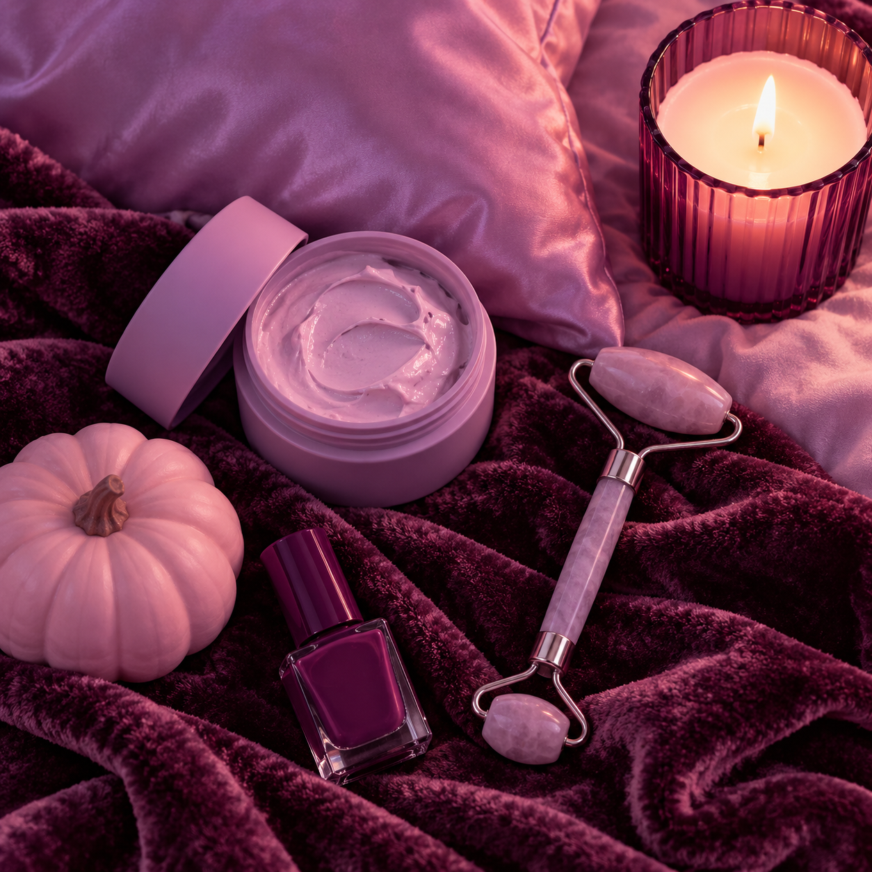 Skincare night in with a lilac face mask jar, face roller, plum nail polish and a pink pumpkin on velvet