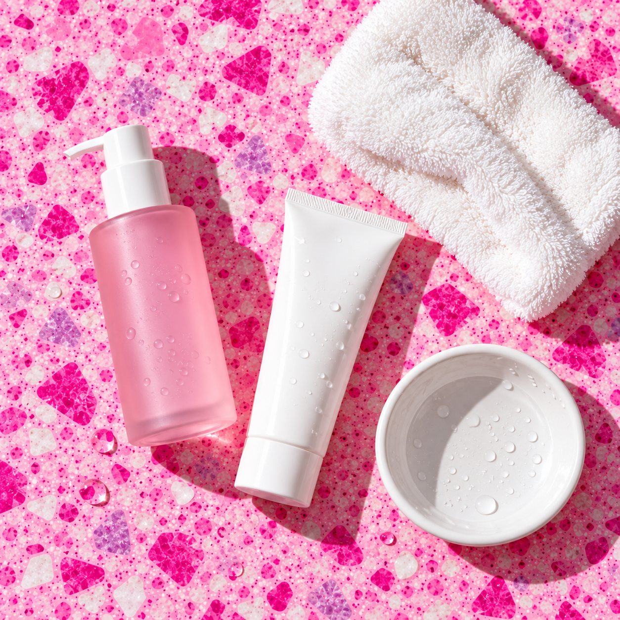 Overhead of an unlabeled pink pump bottle, white tube and a small bowl of water on pink terrazzo