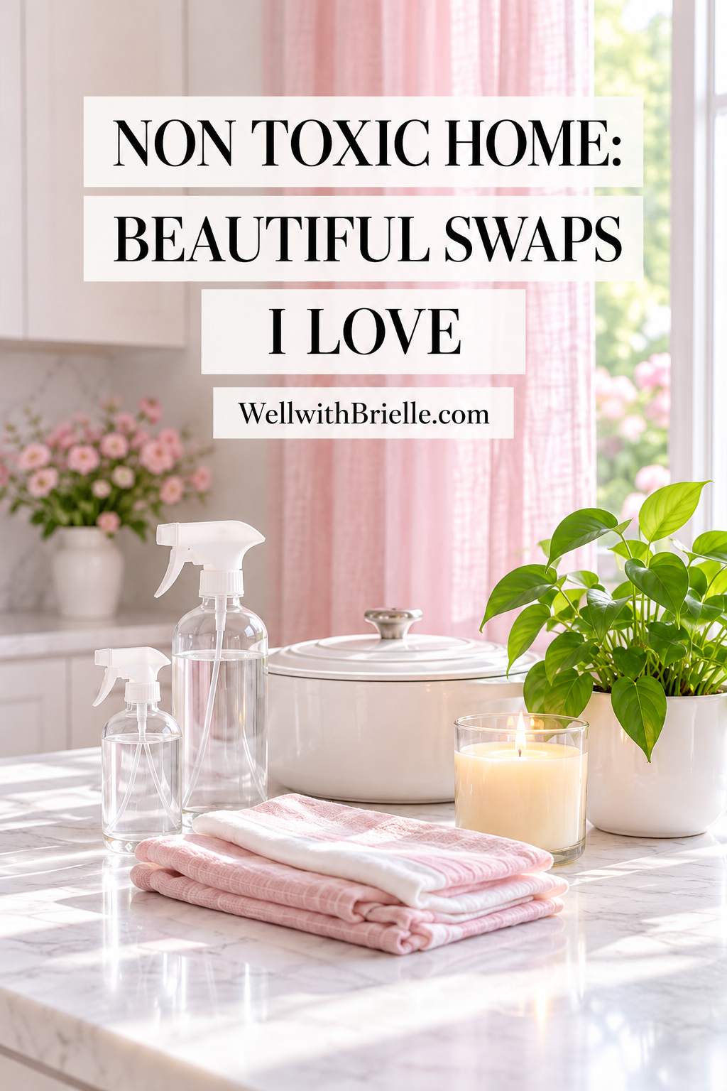 Non Toxic Home: Beautiful Swaps I Love Pinterest pin with glass spray bottles, pink linens, a candle and a plant