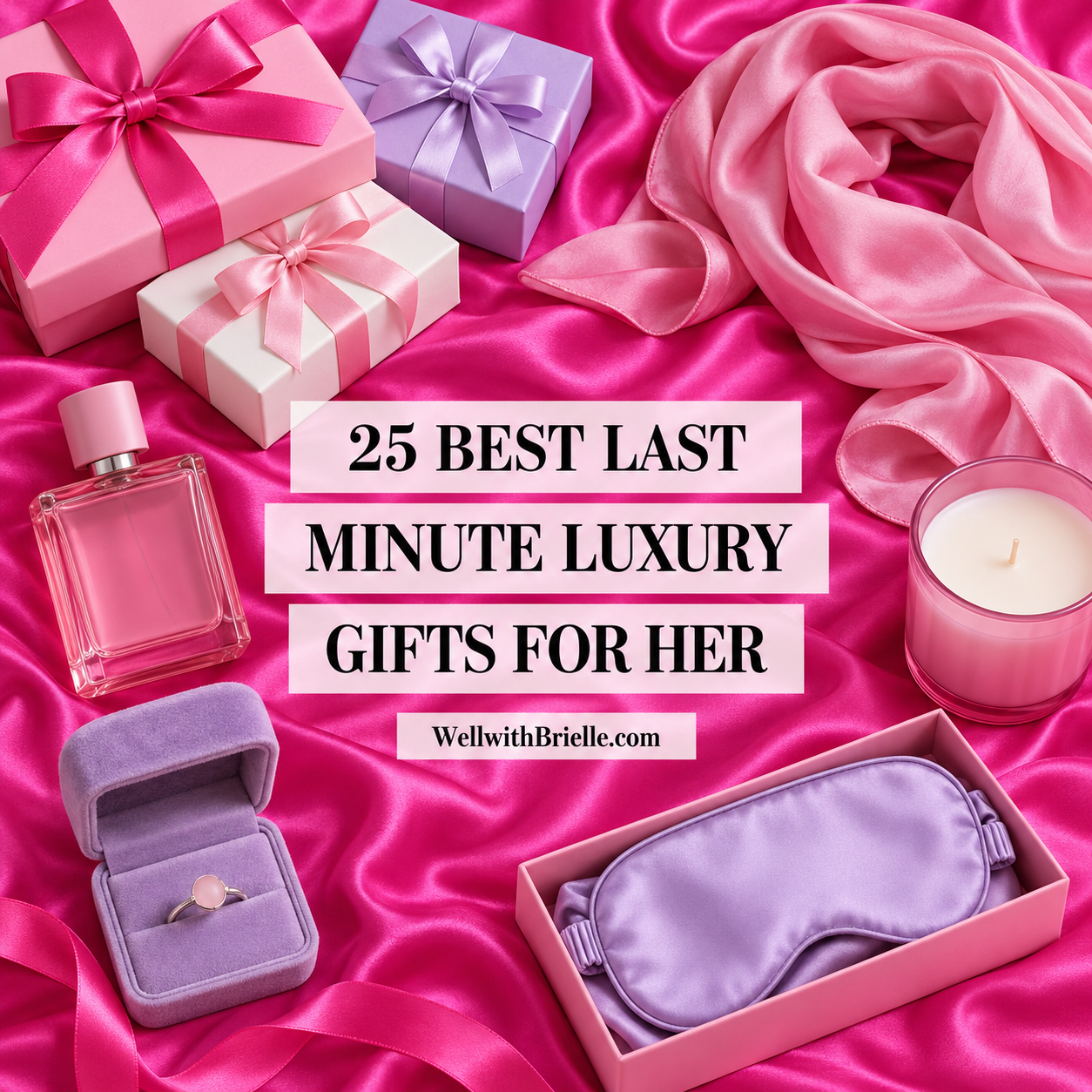 Last minute luxury gifts for her with wrapped gift boxes, perfume, a silk scarf, a candle, a ring box and a sleep mask