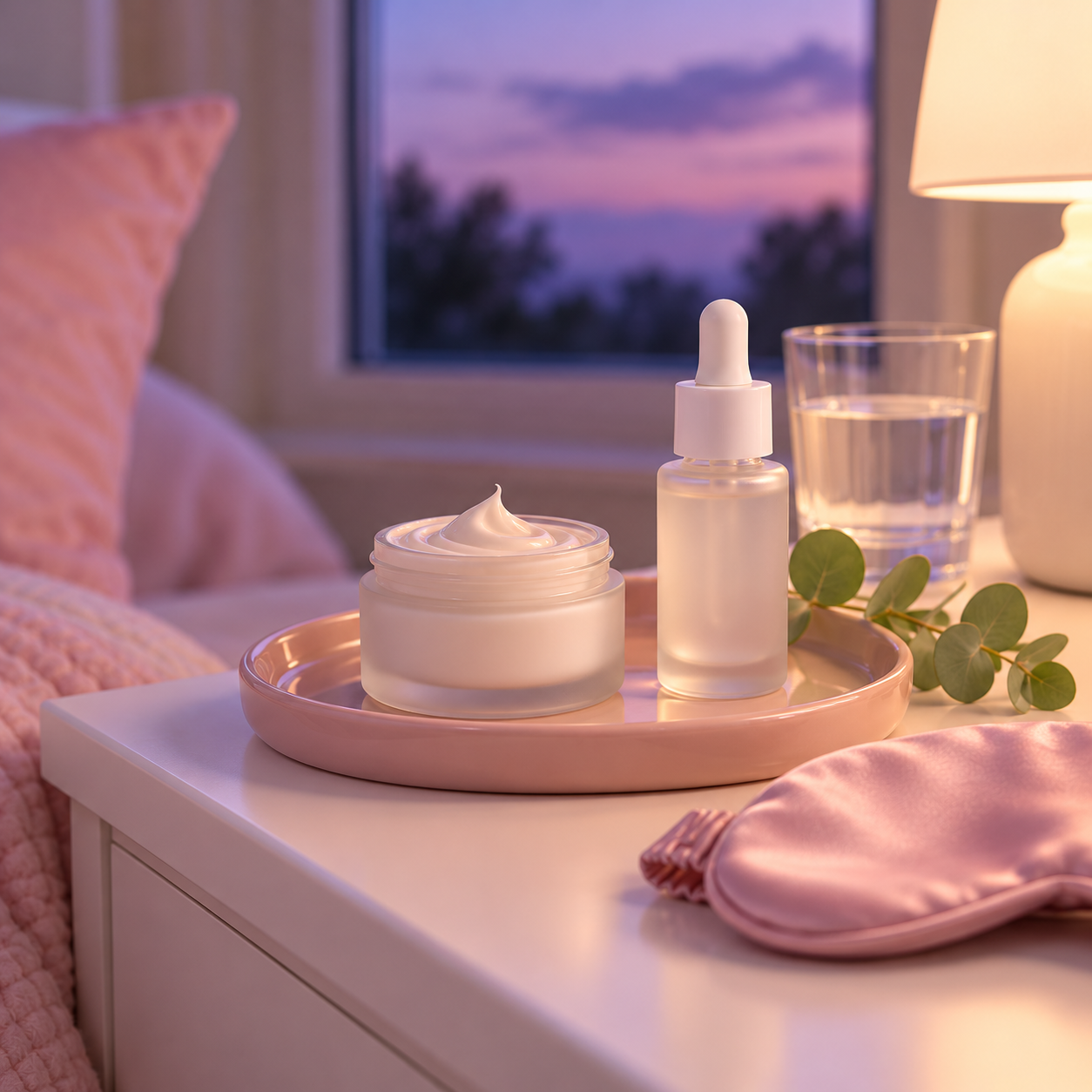 Night skincare on a nightstand: open night cream, serum dropper, pink silk sleep mask and lamp glow at dusk