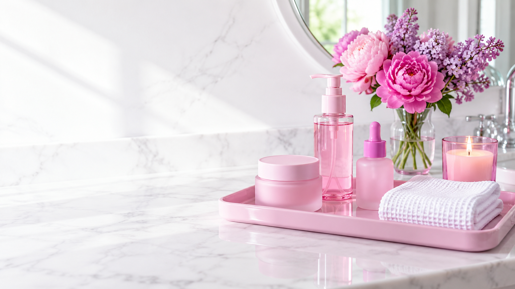 A pink tray of skincare, a lit candle and pink flowers on a white marble bathroom vanity