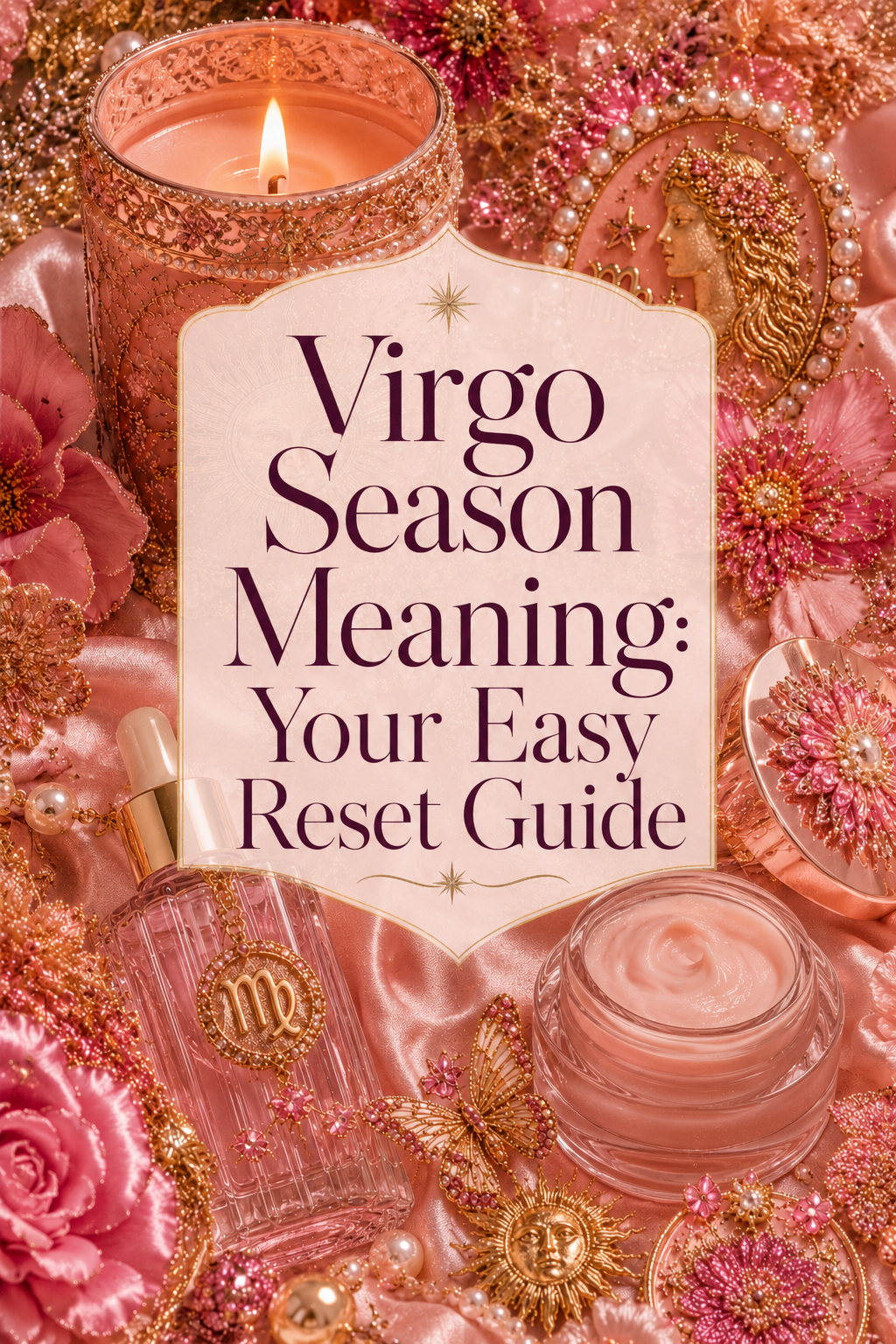 Virgo Season Meaning: Your Easy Reset Guide graphic with pink skincare, candle, Virgo imagery, florals, butterflies and gold celestial accents.