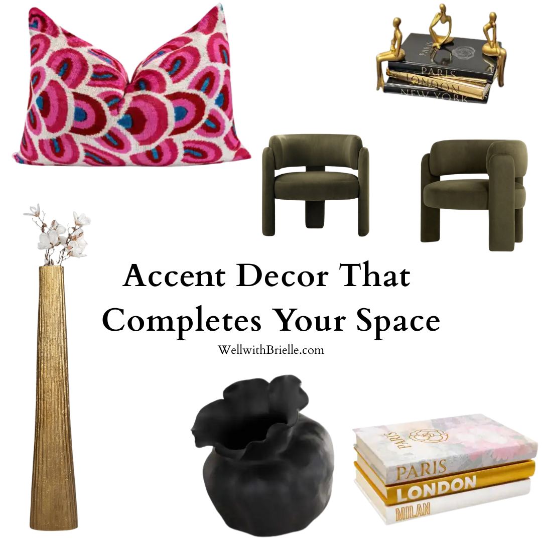 Accent decor pieces including tall vases sculptural objects books and modern accent chairs for a chic home.