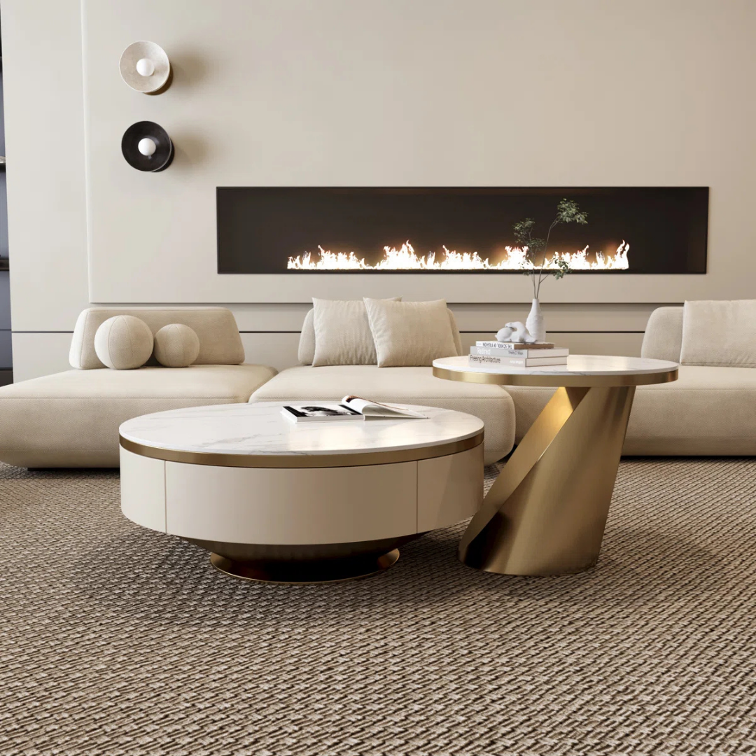 Marble and gold modern coffee tables in a neutral soft luxe living room.