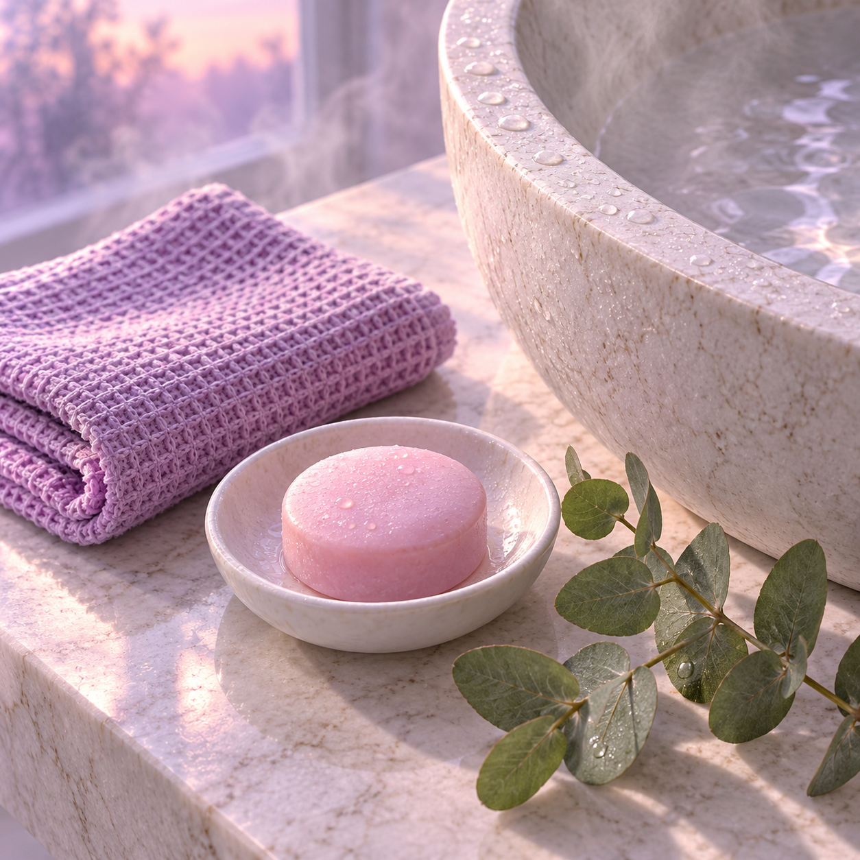 Pink cleansing bar on a white dish beside a lilac waffle towel and eucalyptus on a stone basin