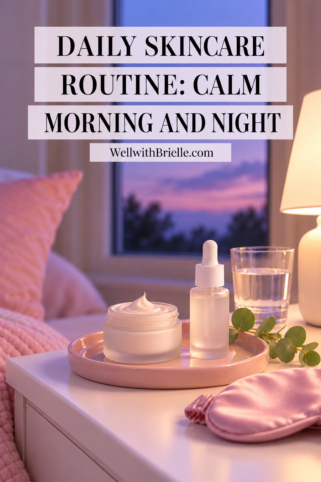 Daily Skincare Routine: Calm Morning and Night Pinterest pin with a nightstand skincare tray at dusk