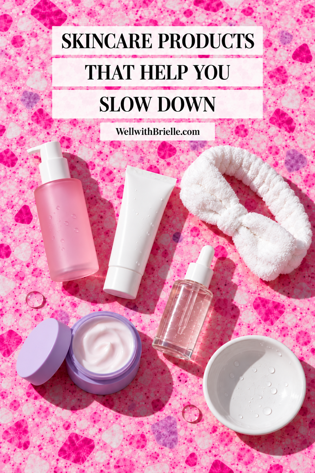 Skincare Products That Help You Slow Down Pinterest pin with unlabeled skincare on pink terrazzo