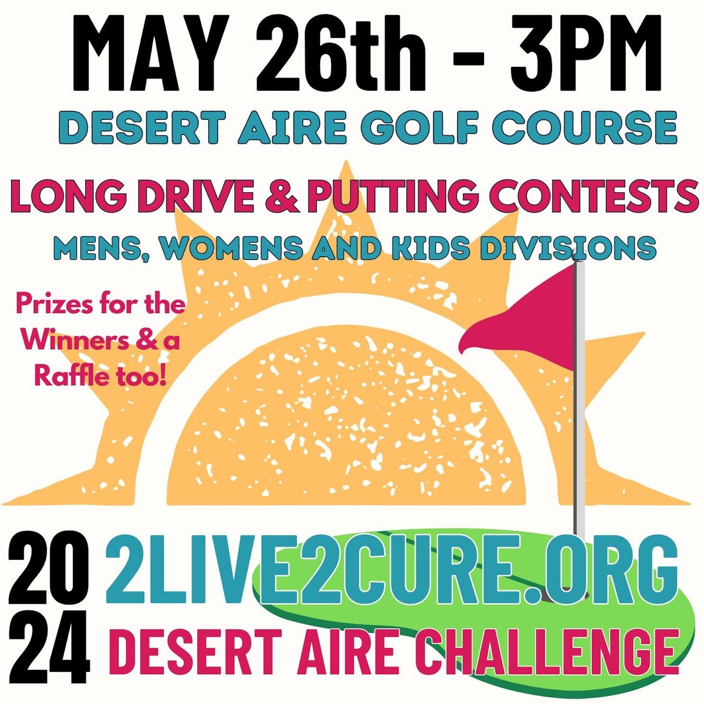 Join us @desertairegolf in Mattawa, WA for our annual Long Drive Challenge. 
Women's, Men's and Kids Divisions. Putting Contests too!
We have got great prizes and a raffle happening to raise funds for the @2Live2Cure free care kit program.