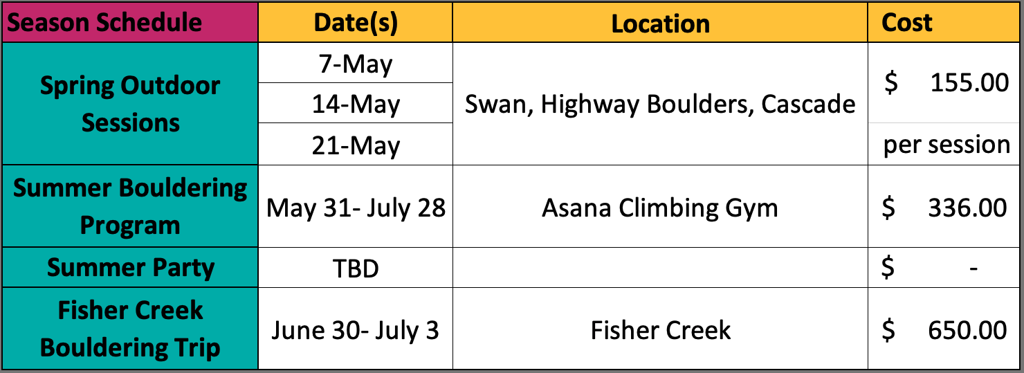 Boise Climbing Team Summer Schedule