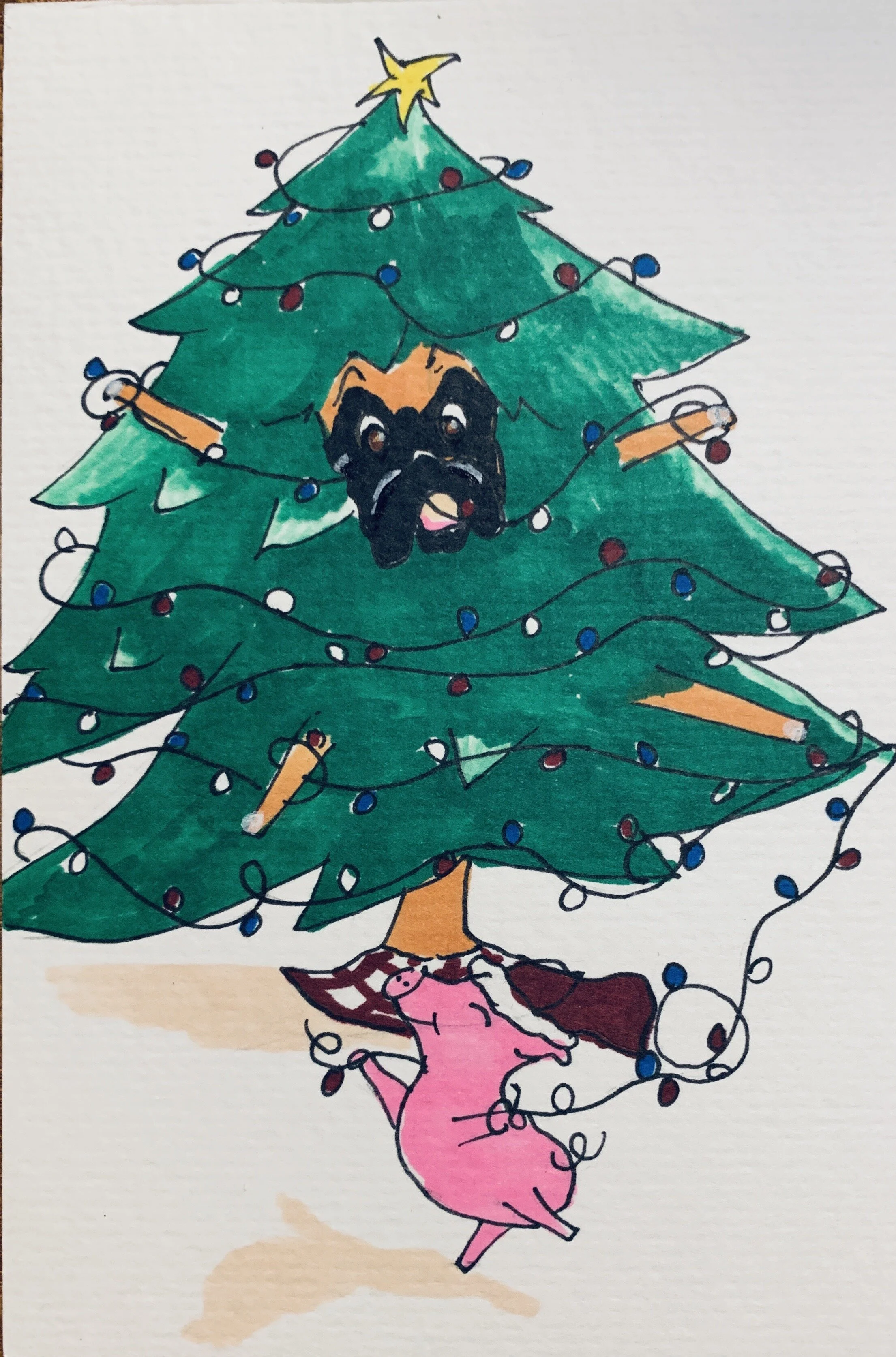Bob and Cris P Bacon Christmas Illustration dog, pig Christmas tree.JPG