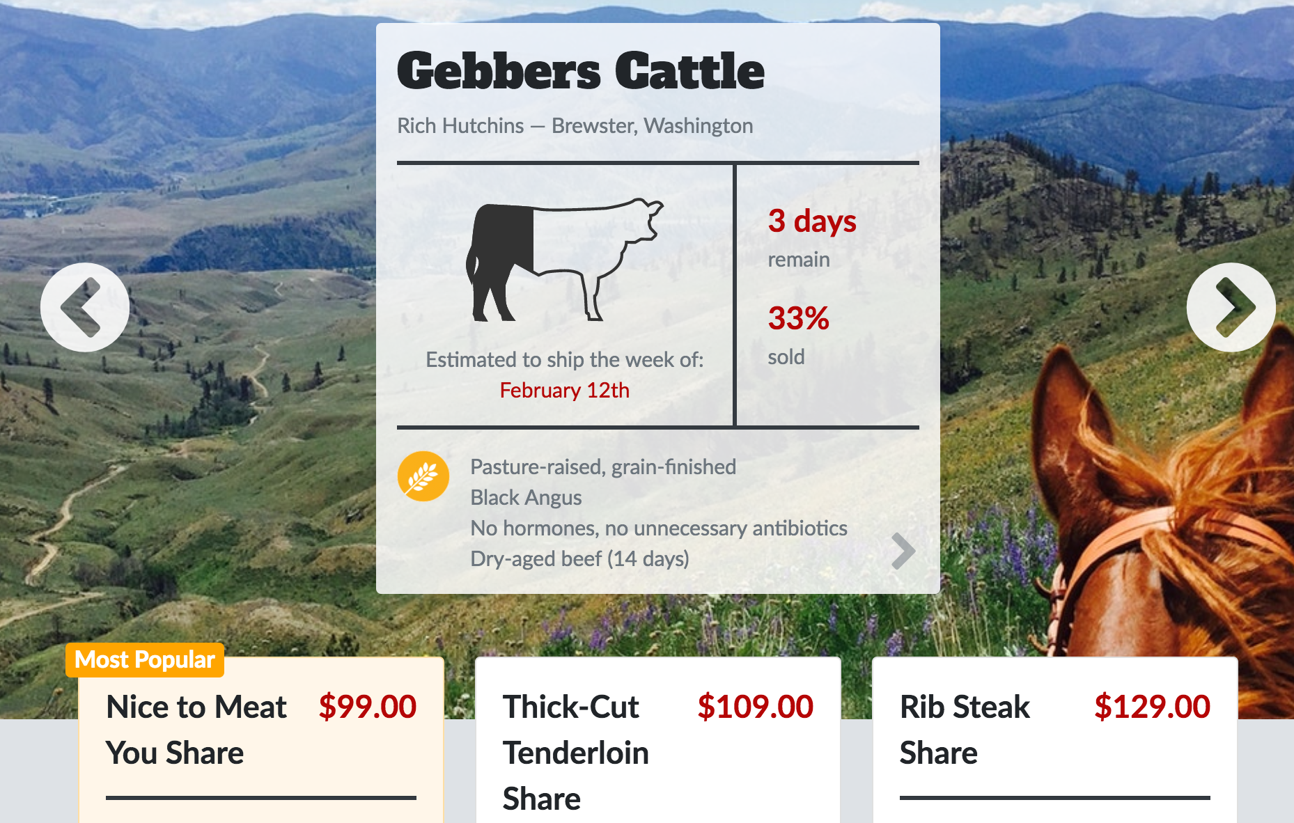 Sample screenshot of the Crowd Cow ordering options on their website.