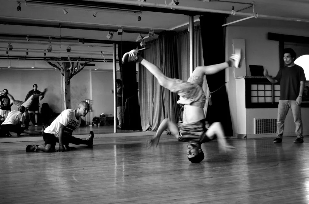 L to R: Emerge, NewDawn, Hybrid (stretching), Wish (headspin), Zing (headspin props) at Swan Dojo.