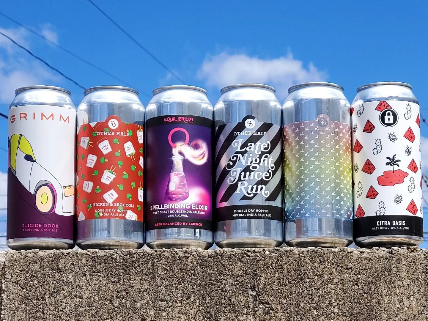 A bunch of brews in the IPA family are back, as well as one newbie from Equilibrium! We have:
- Grimm Suicide Door triple IPA
- Other Half Chicken &amp; Broccoli IPA
- Equilibrium Spellbinding Elixir west coast DIPA
- Other Half Late Night Juice Run 