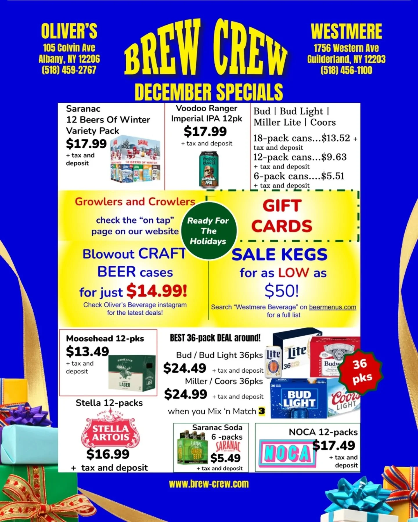 DECEMBER DEALS start on this chilly day! It's time to stock up for the remaining holidays with some tasty beverages. 
Super awesome savings include: ☆STELLA☆NOCA☆MOOSEHEAD ☆NEW BELGIUM☆SARANAC☆

&bull;Saranac Winter Variety packs will be arriving Wed