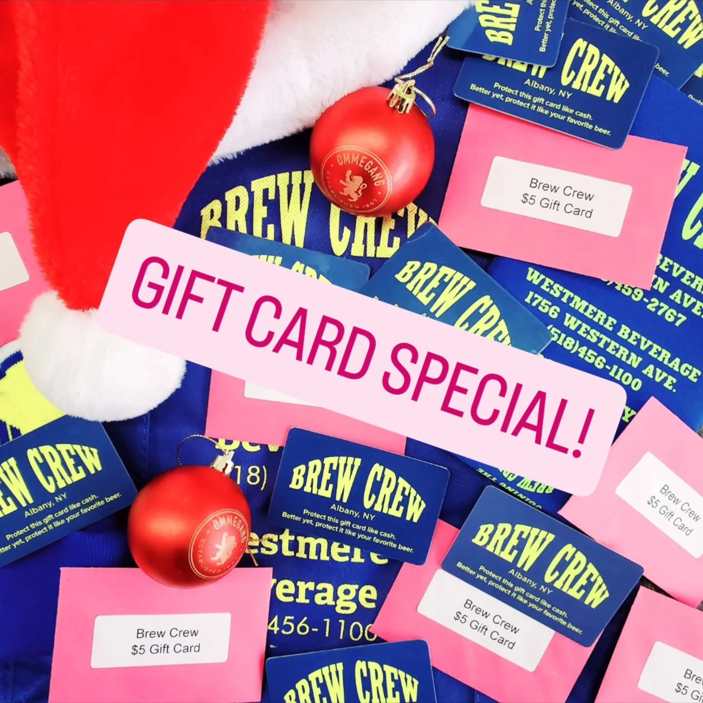 Time to make gift shopping easy! Give the gift of beer with Brew Crew gift cards. From now till Christmas Eve when you buy a $50 gift card you'll also receive a FREE $5 card AND a FREE beer glass. Cards may be used at both Brew Crew locations. Spread