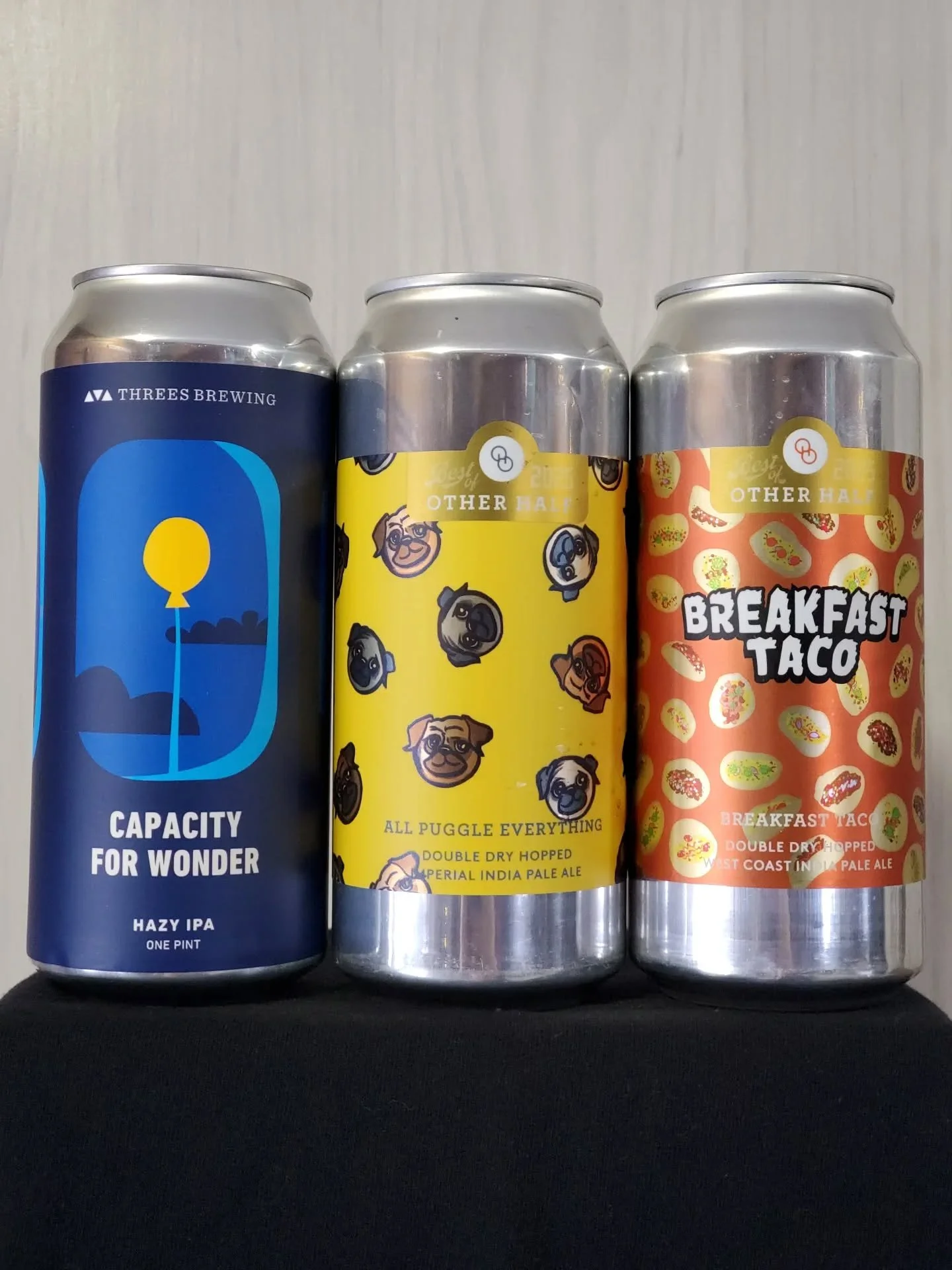 Three IPAs fresh off the truck for you! Three's Capacity For Wonder hazy IPA, Other Half All Puggle Everything ddh imperial IPA, and Other Half Breakfast Taco ddh West Coast IPA🍺🍺🍺

#ipa #imperialipa #puggle #westcoastipa #doubledryhopped