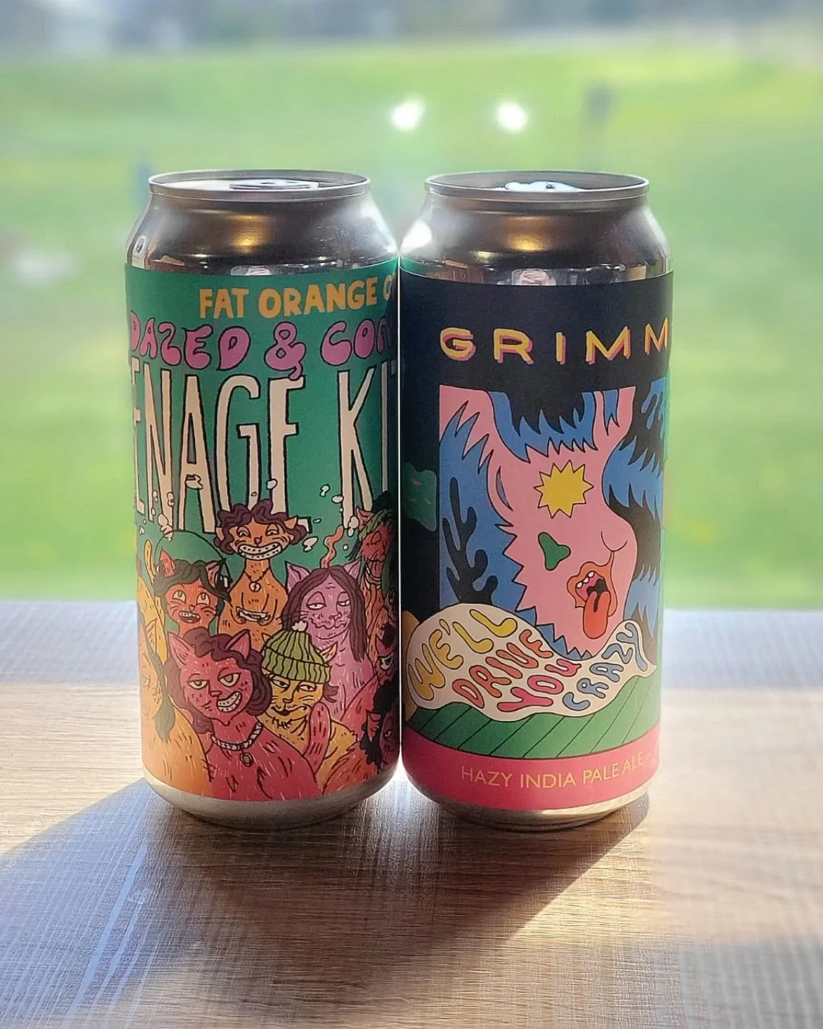 Two IPAs to keep your weekend rolling🍺 On the left is Fat Orange Cat Dazed &amp; Confused Teenage Kittens - a 7.1% dank, hazy IPA. On the right is Grimm We'll Drive You Crazy 6.8% hazy IPA with seven different hop varieties. Cheers, and enjoy the we