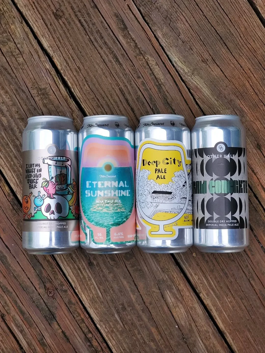 New hops from Other Half and Foam! From left to right:

- Other Half "I Left My Wallet In A Bed-Stuy Juice Bar" ddh imperial IPA
- Foam "Eternal Sunshine" IPA with lemon zest
- Foam "Deep City" pale ale
- Other Half &quo