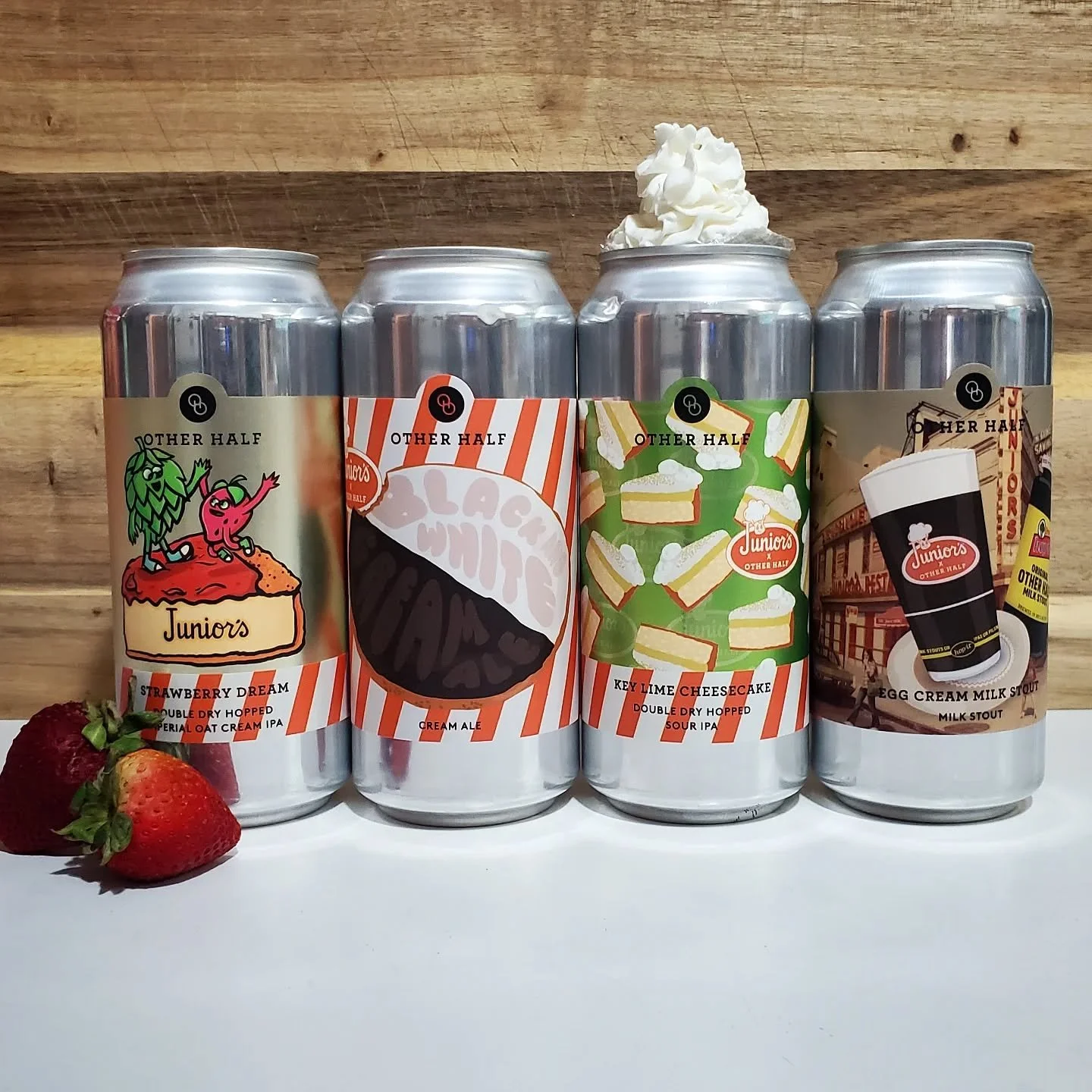 Other Half x Junior's Cheesecake! Four new dessert inspired collabs 😋
&bull;Strawberry Dreams - ddh imperial oat cream IPA with strawberry
&bull;Black and White Cream Ale - cookie inspired
&bull;Key Lime Cheesecake - ddh sour IPA with lime, graham c