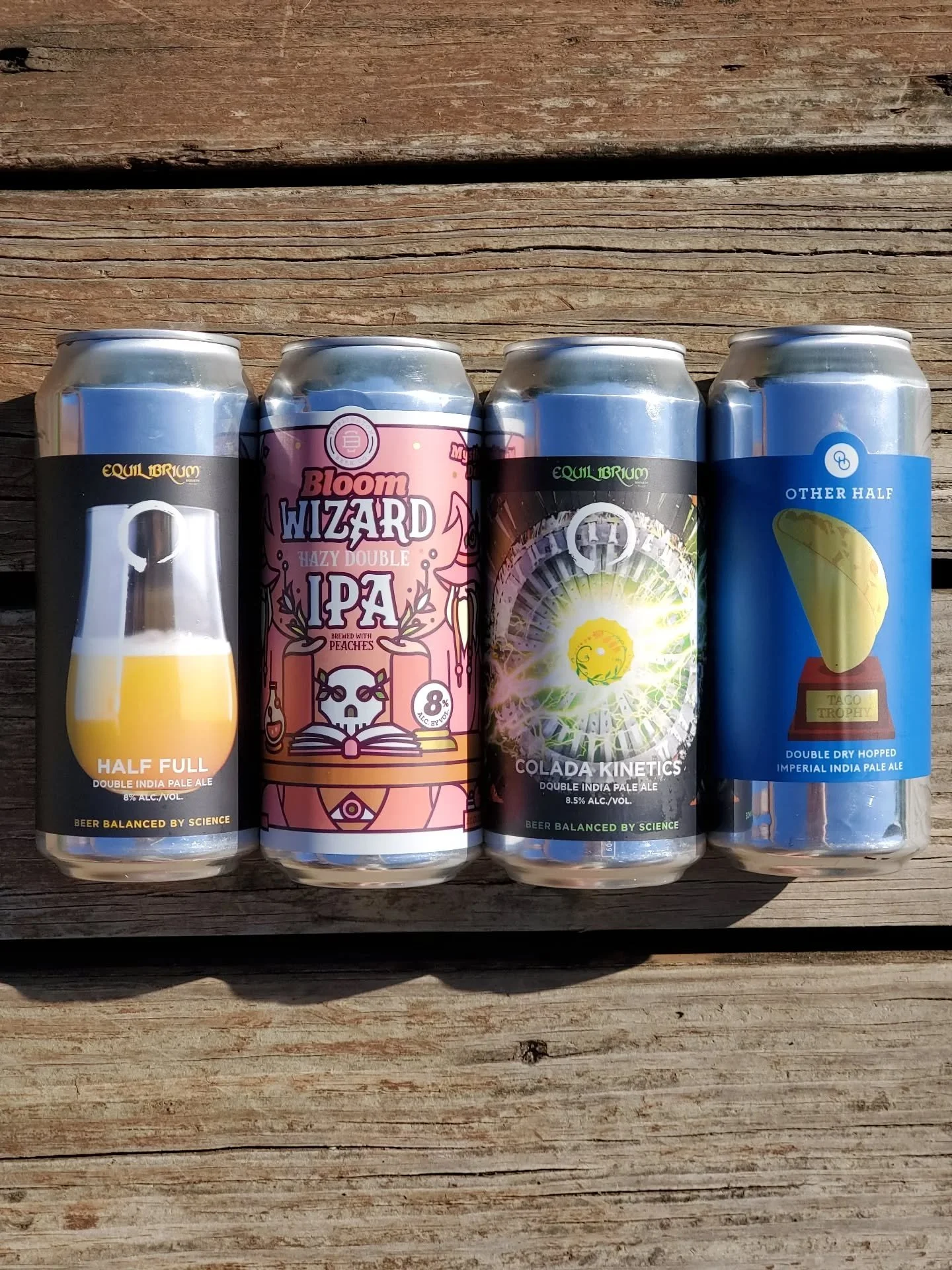 Four double IPAs! Two from Equilibrium - Half Full (a collab with District 96,) and Colada Kinetics. Burlington's Bloom Wizard comes with a peach twist, and Other Half Taco Trophy features Nectaron, Mosaic, Riwaka, and Krush Cryo hops. Cheers!🍻

#di