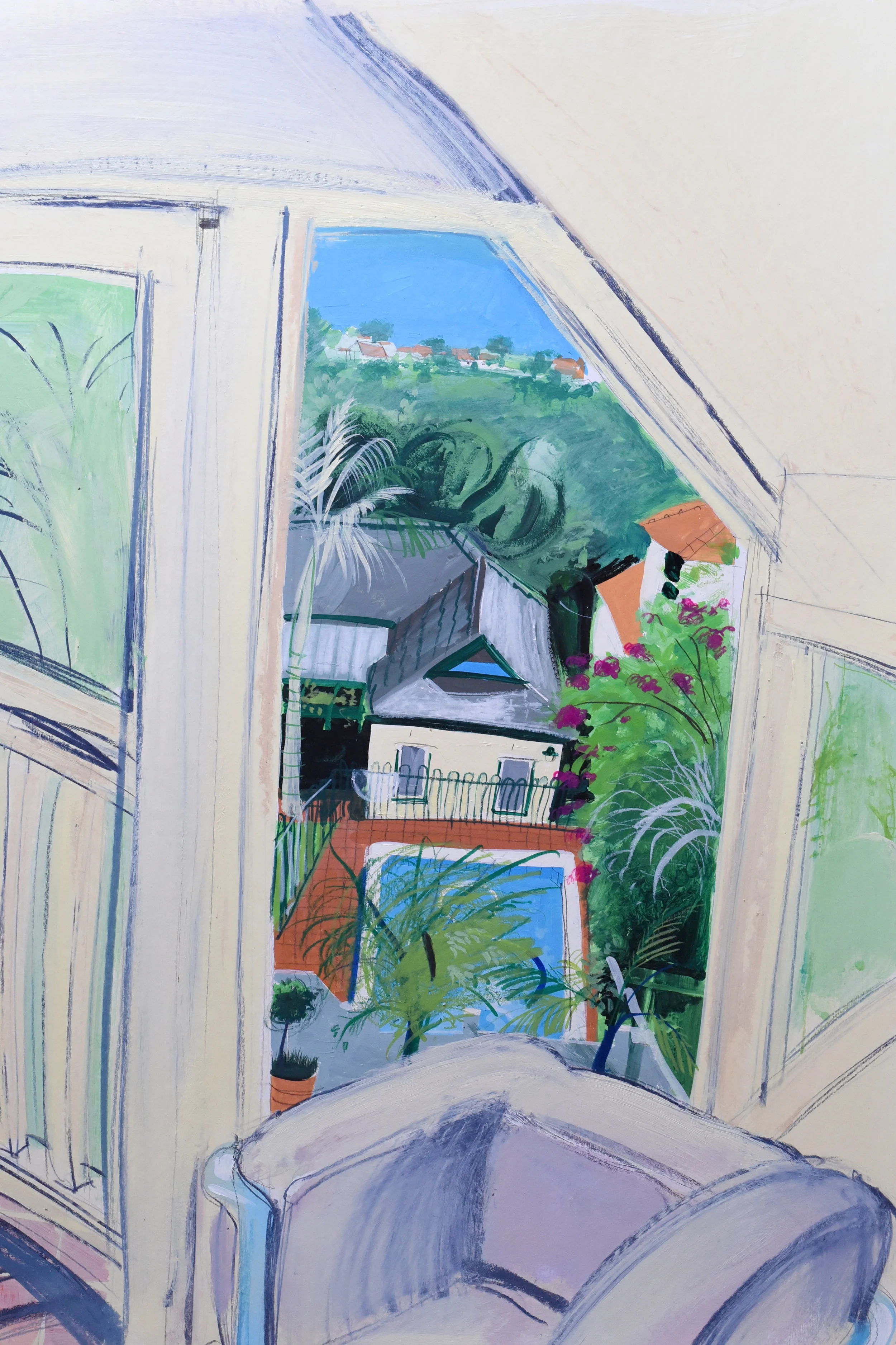 View from the studio of a house with swimming pool