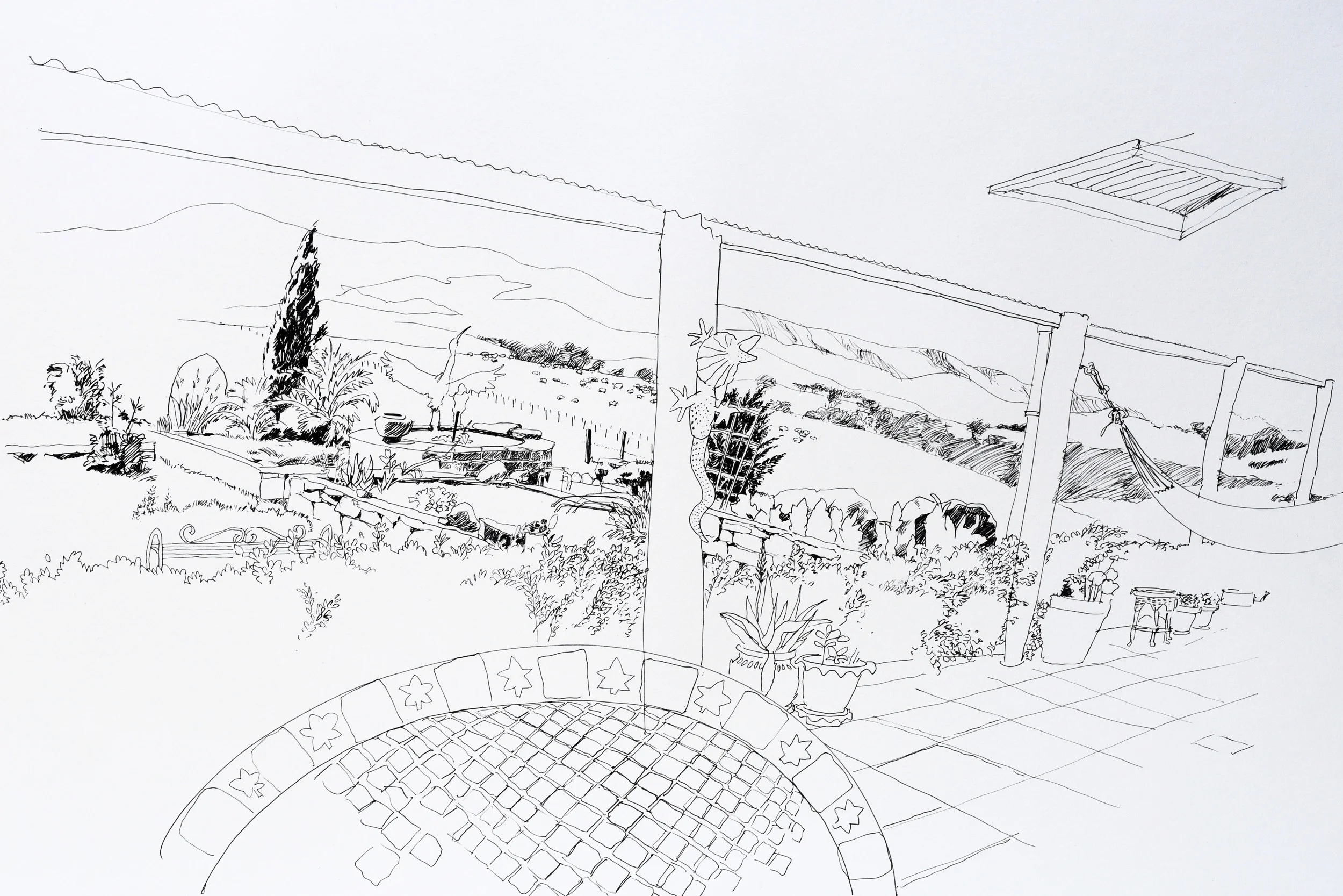 Line drawing of the view and landscape of Castagna Vineyard in Victoria Australia