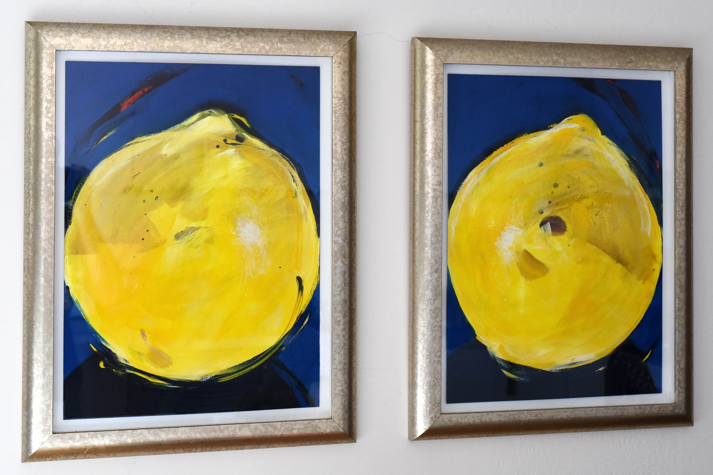 Framed dyptic of lemons using acrylic and crayon on art board