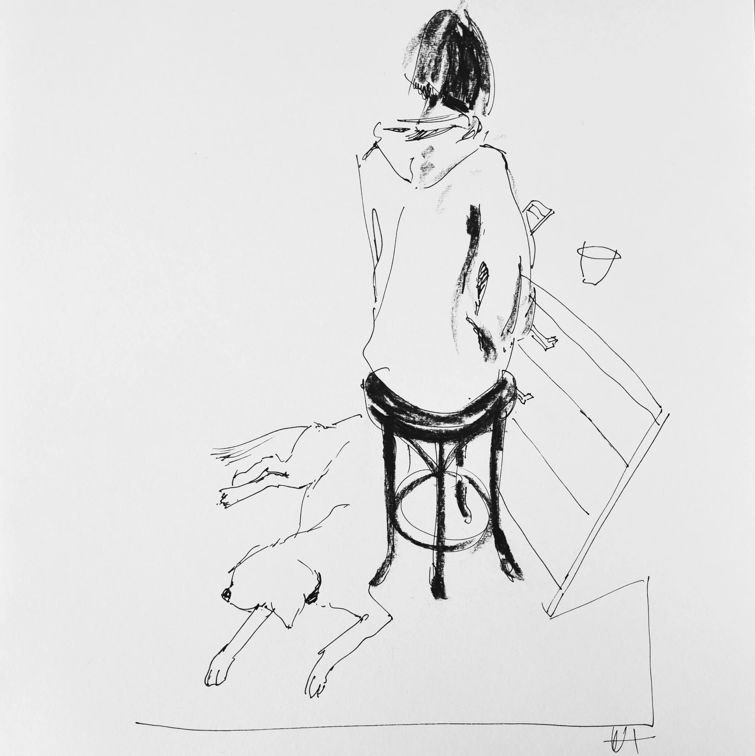 Line drawing of a woman on Instagram with her dog.