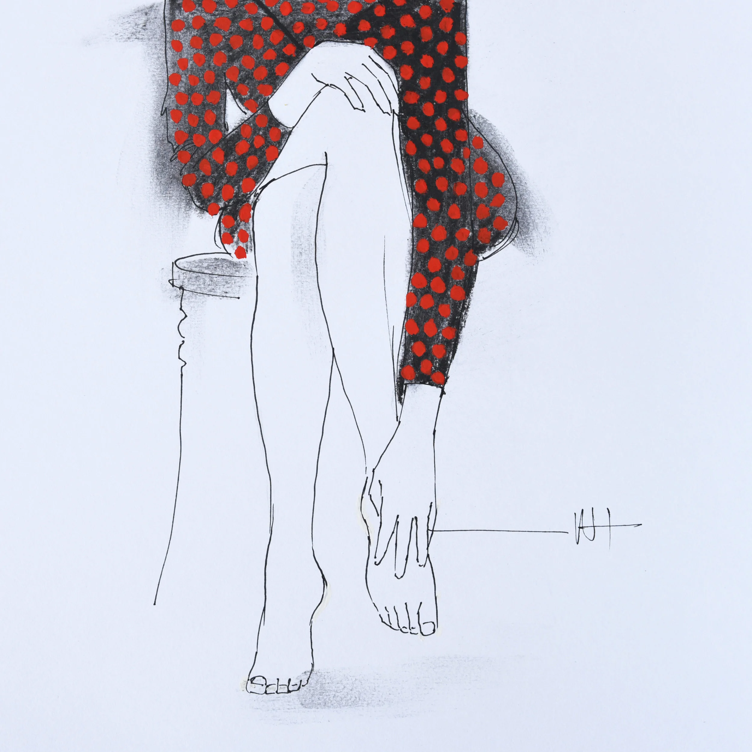 Minimal fashion illustration line drawing of a woman in a red and black polka dot dress.