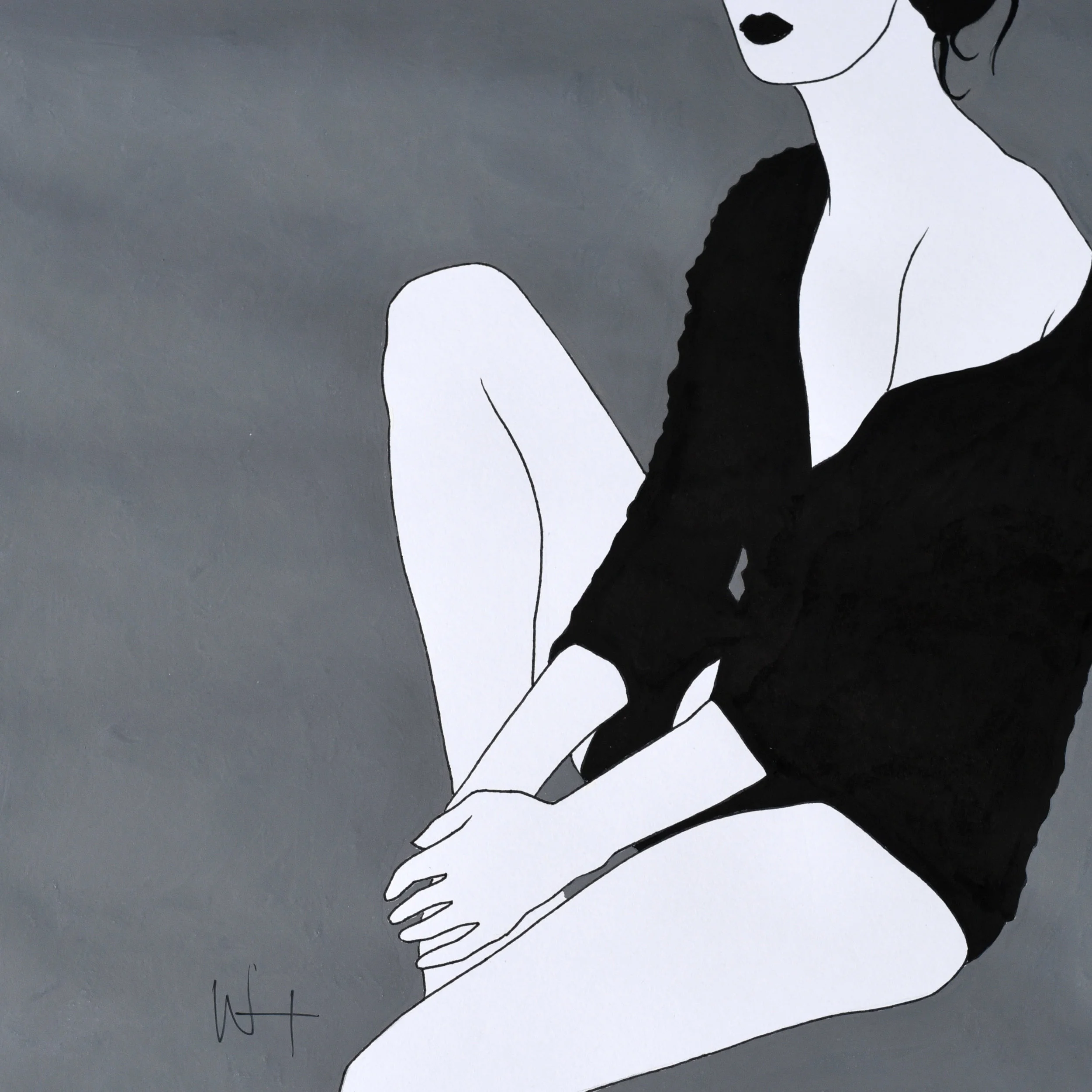 Black, white and grey fashion illustration of a woman in a black dress