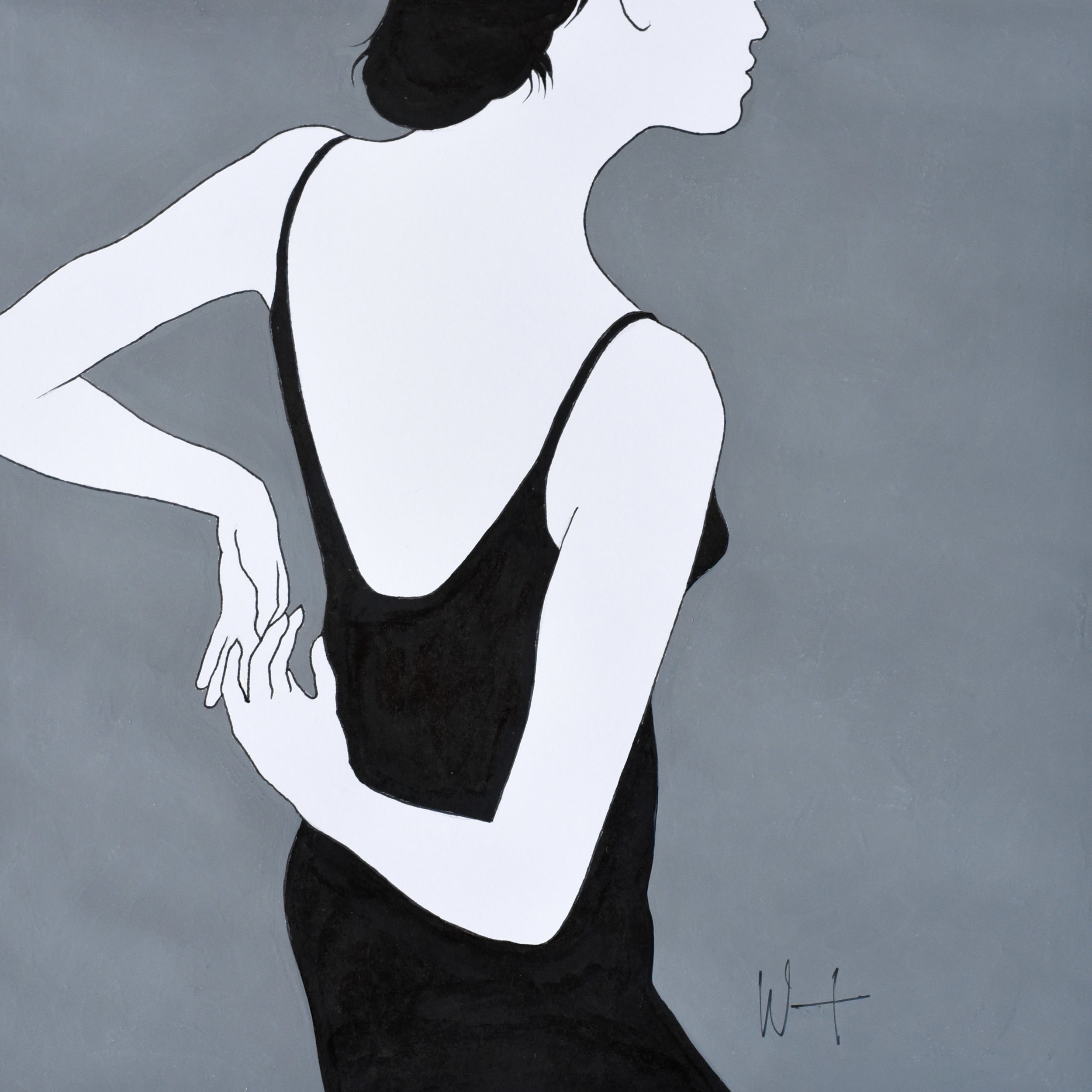 Black, white and grey fashion illustration of a woman in a black dress