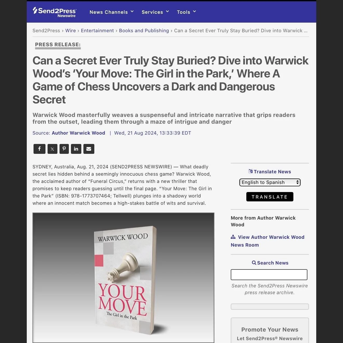 Today the press release for my new novel &lsquo;Your Move&rsquo; appeared in the US. A great deal of hyperbole. Hope it works.
Link: https://I.send2press.com/jAuhW

#novel #mysterybooks #romanticnovels #historicalfiction #espionage #thriller #author