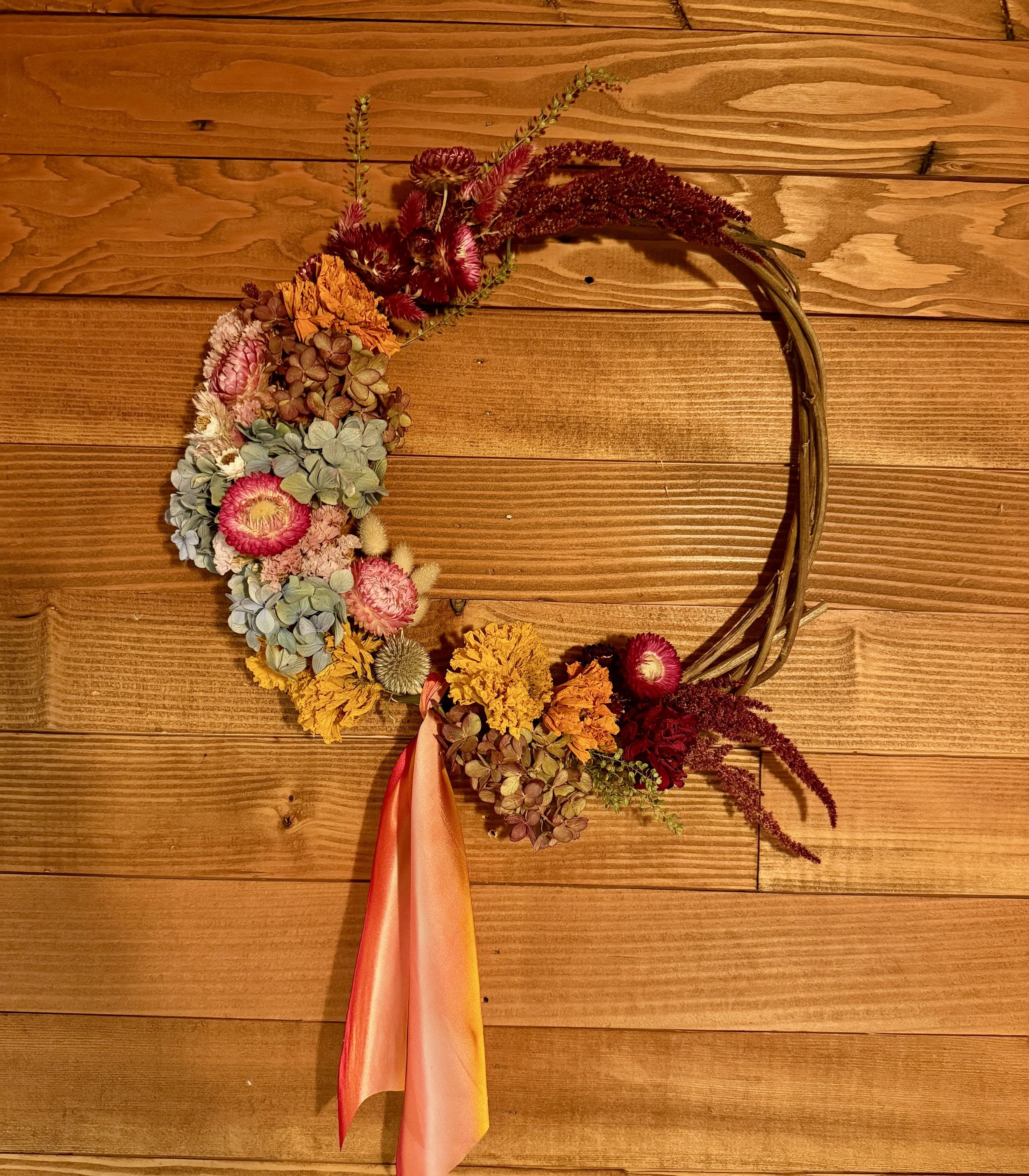Half Moon - 13" Everlasting Floral Wreath in wine, orange, pink, and light blue