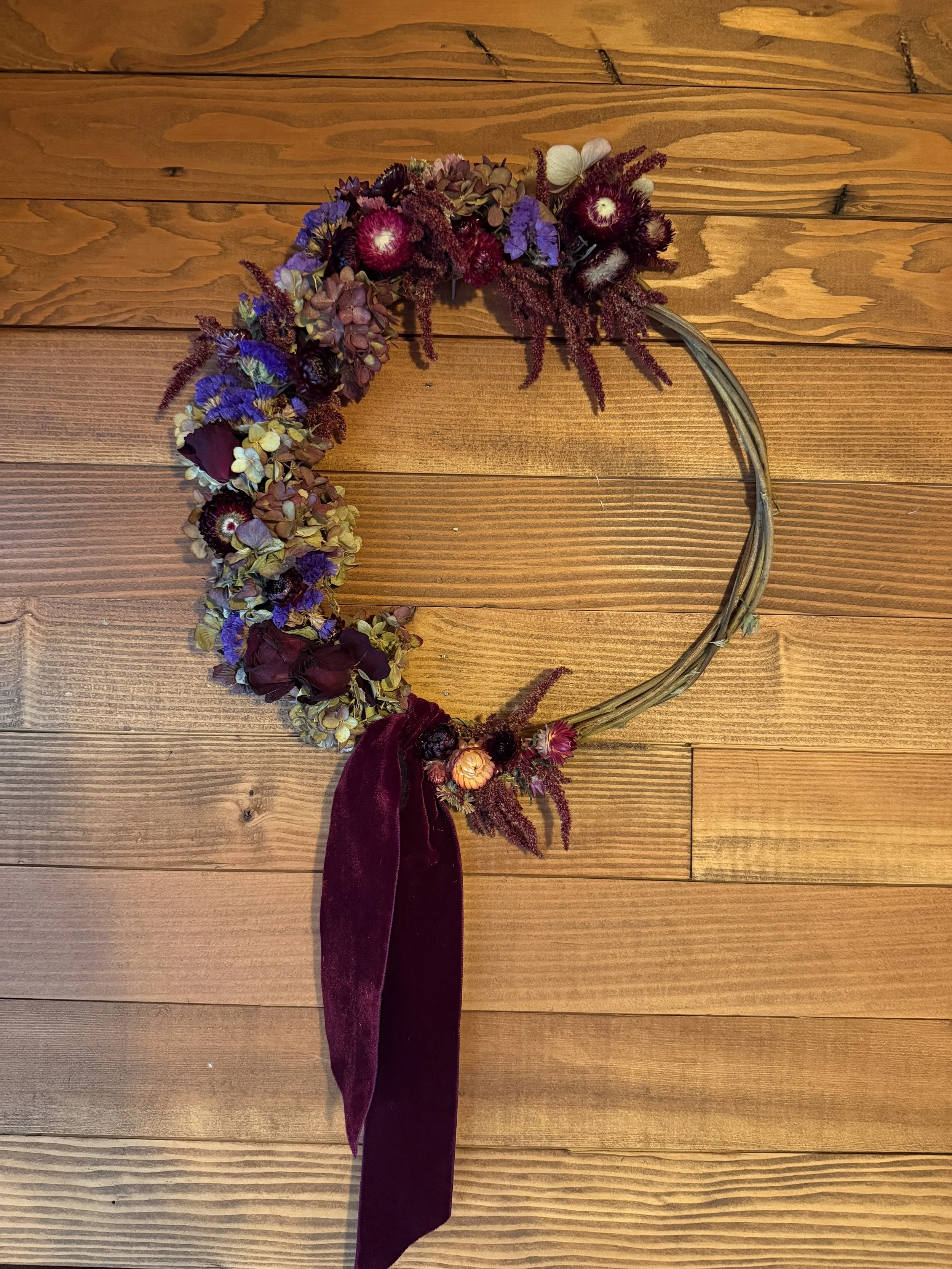 Half Moon - 13" Everlasting Floral Wreath - wine and purple