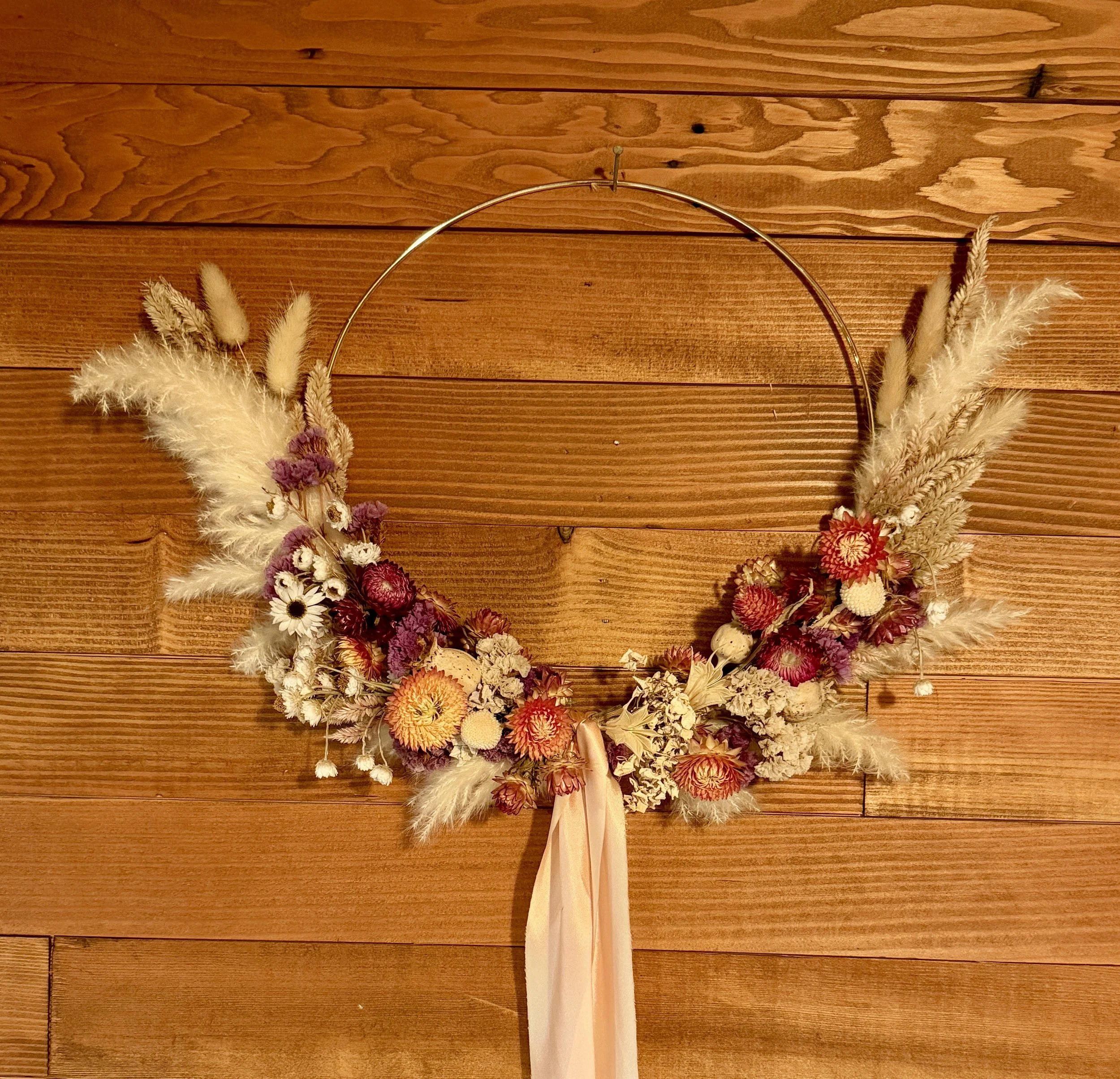 Wings - 12" Everlasting Floral Wreath with apricot ribbon