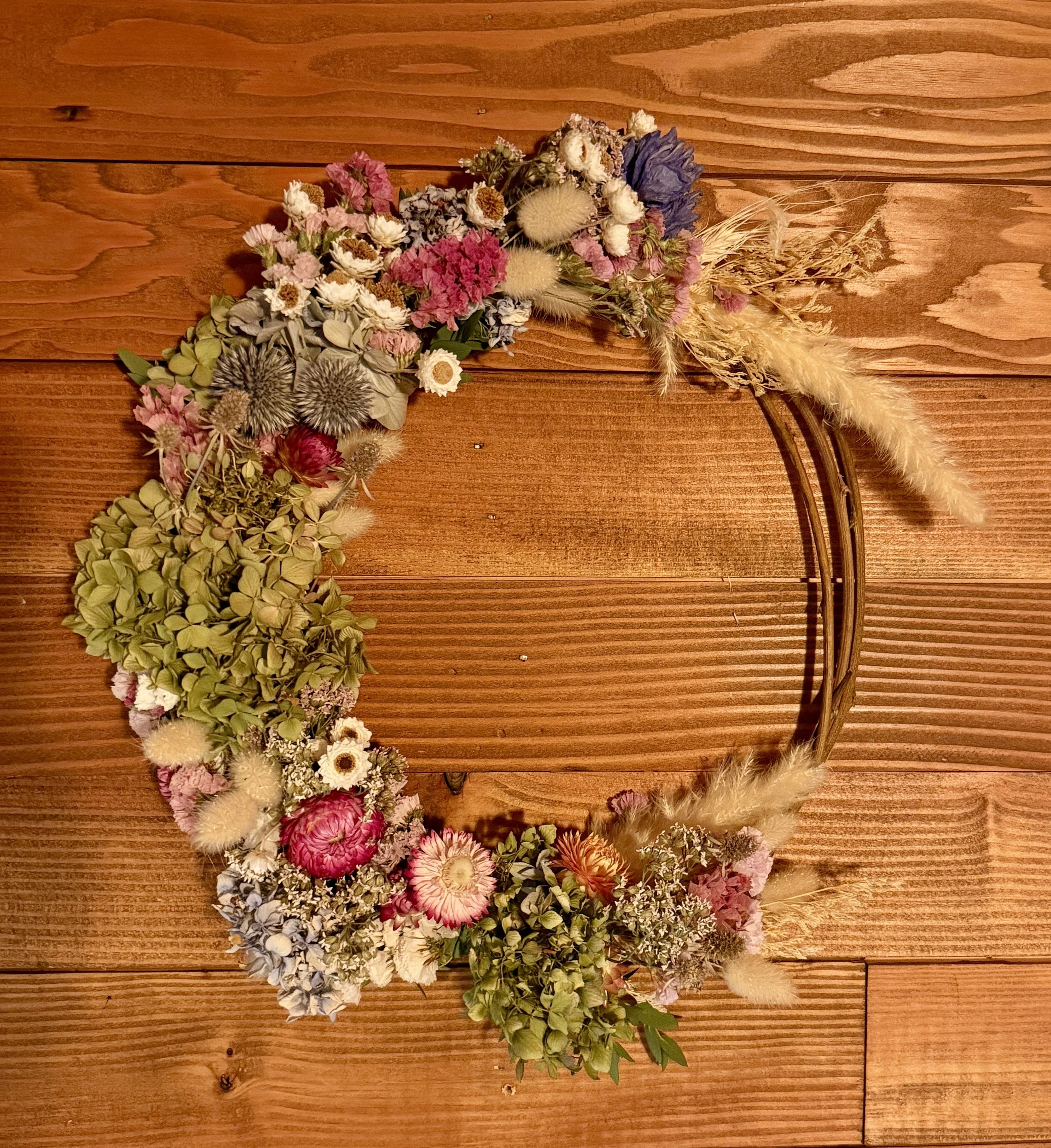 Half Moon - 9" Everlasting Floral Wreath in pink, green, white, and blue