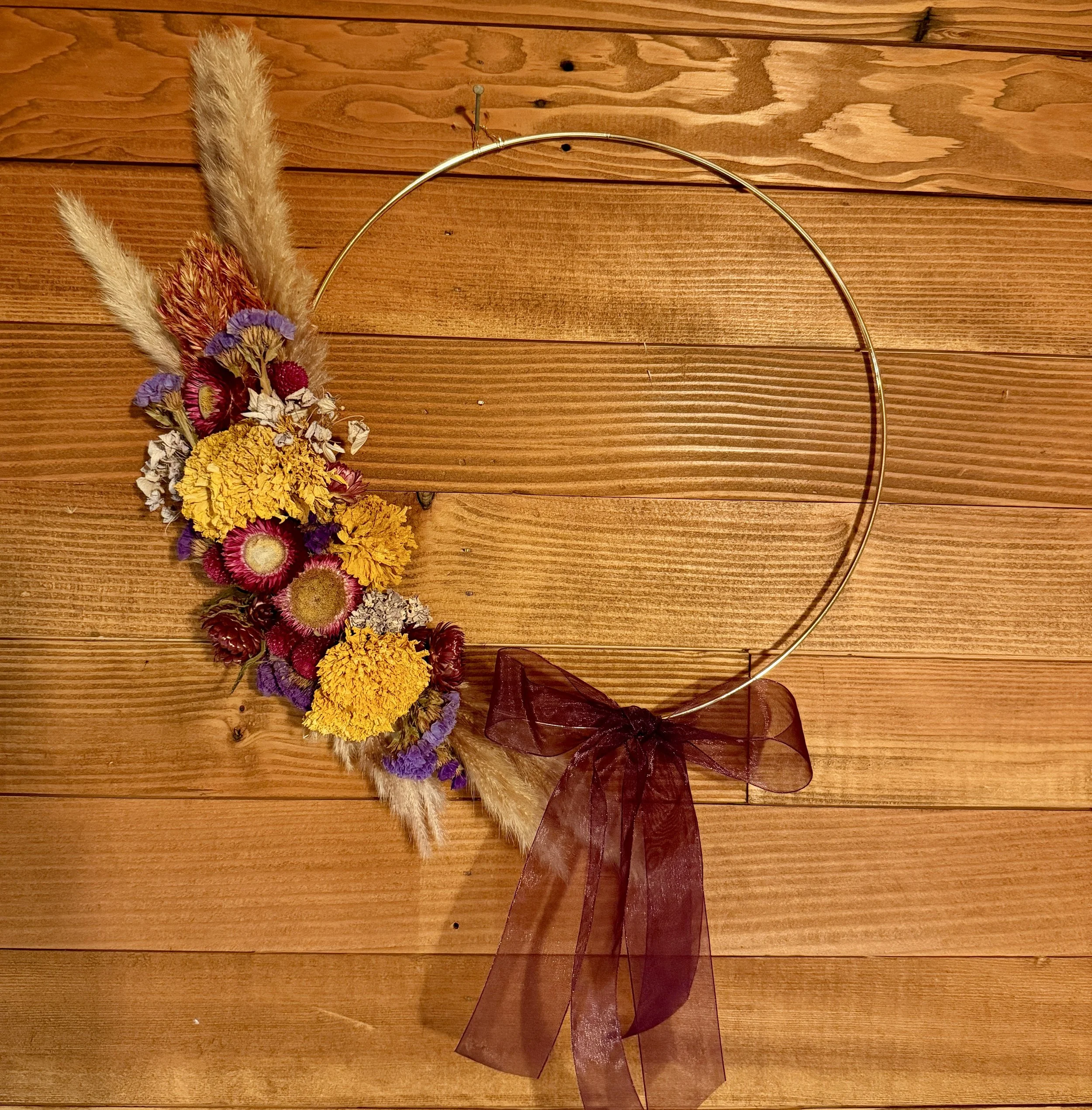 Quarter Moon - 12" Everlasting Floral Wreath with purple ribbon