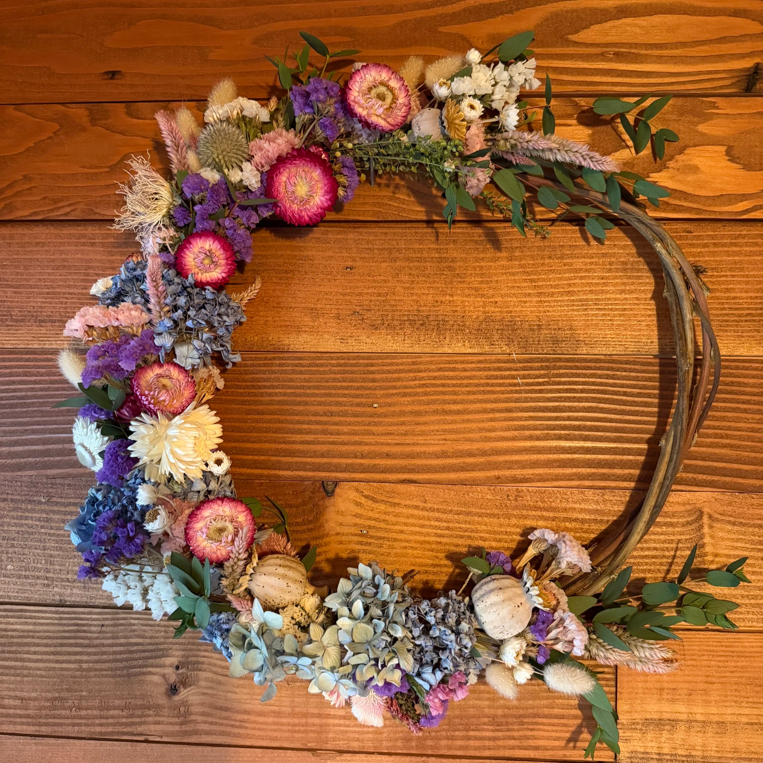 Half Moon - 16" Everlasting Floral Wreath - lavender, pink, and blue