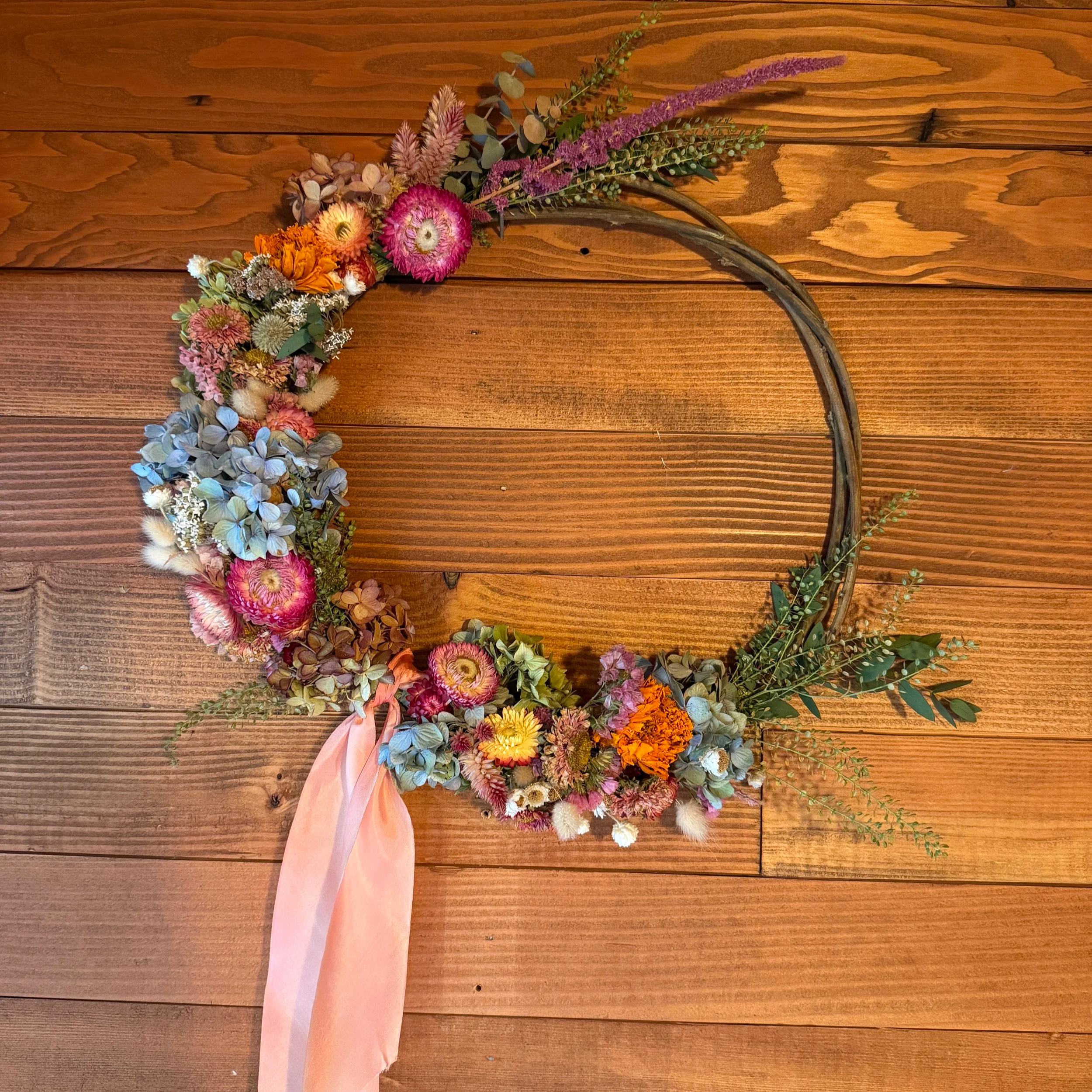 Half Moon - 13" Everlasting Floral Wreath in peach, pink, orange, and blue