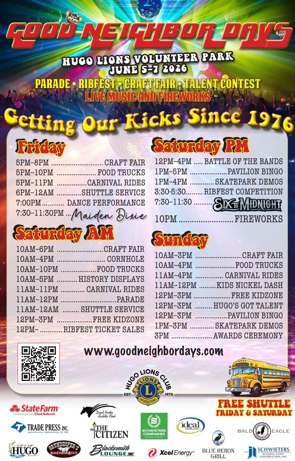 Event poster for Good Neighbor Days in Hugo, June 5-7, 2026, at Hugo Lions Volunteer Park. Includes schedule of activities: craft fair, food trucks, carnival rides, shuttle service, dance performance, Maiden Dixie concert on Friday; craft fair, cornhole, food trucks, carnival rides, parade, shuttle service, ribfest ticket sales on Saturday morning; Battle of the Bands, pavilion bingo, skatepark demos, ribfest, fireworks on Saturday evening; craft fair, food trucks, carnival rides, kids nickel dash, free kidzone, Hugo's Got Talent, pavilion bingo, skatepark demos, awards ceremony on Sunday. Features a crowd, colorful lights, a school bus, and various sponsor logos at the bottom.