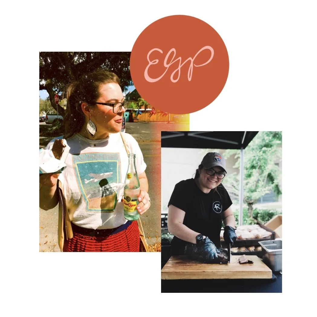 Collage of EGP initials logo and two pictures of Georgeanne. In one photo, GP is holding an ice cream sandwhich and in the other photo, GP is cutting brisket.