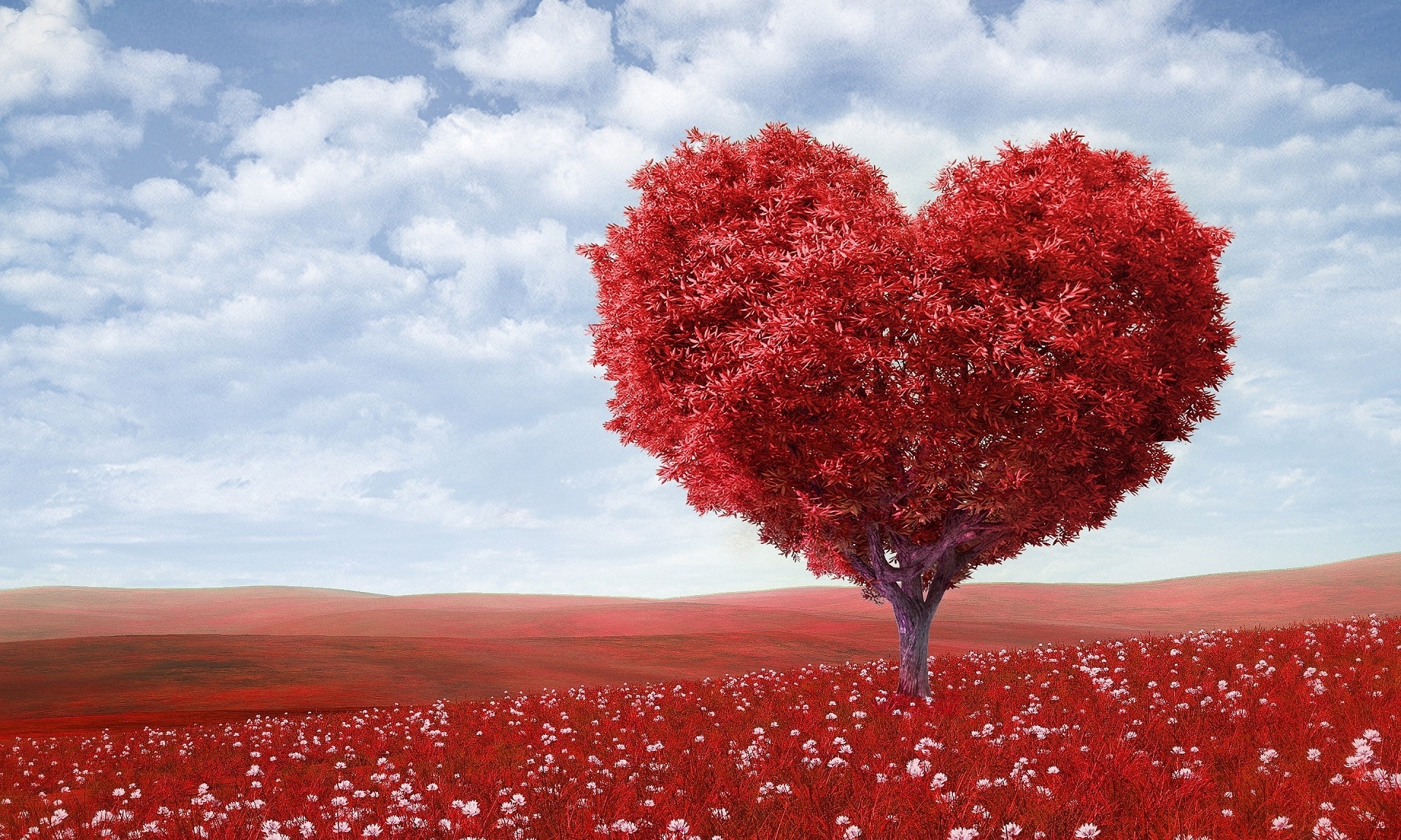 Fantasy style image of a field of red flowers and a tree shaped like a heart.